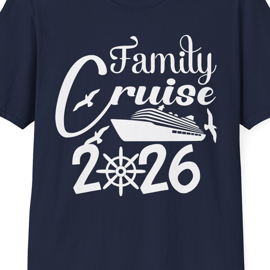 Family Cruise 2026 Shirt with Cruise Ship and Seagulls Graphic — T-Shirt T-Shirt – Navy – Best Cruise Shirts Close Up