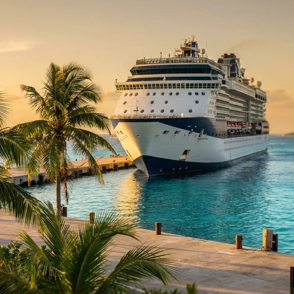 A luxury cruise ship docked in a sunny Caribbean port representing the latest cruise news march 2026.