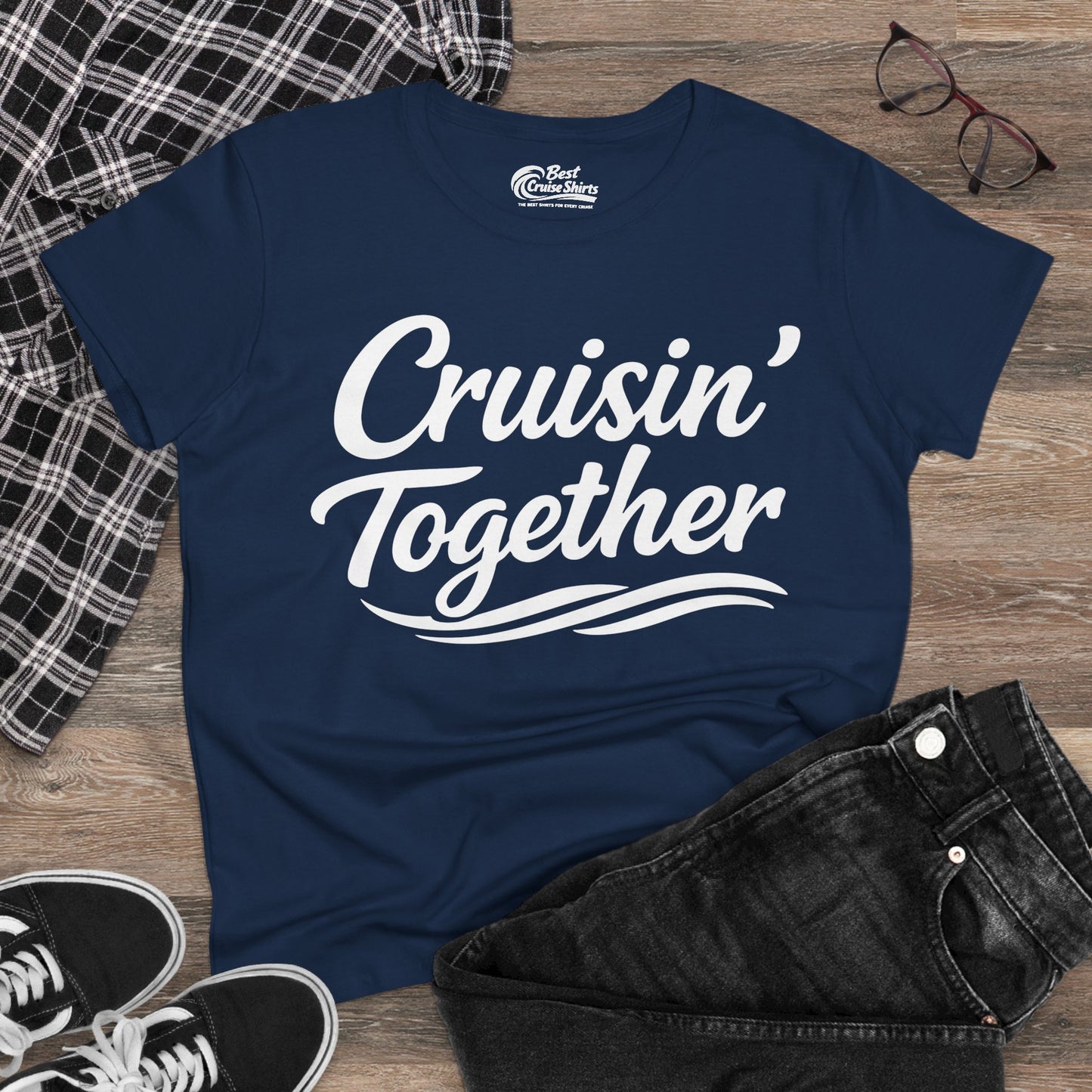 Cruisin Together Group Unity Shirt with Bold Script and Wave Design Ladies Tee - View 15 - Best Cruise Shirts