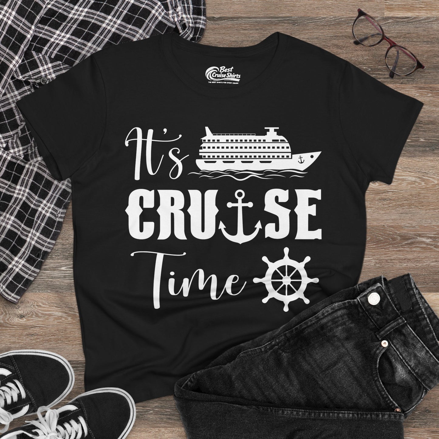It’s Cruise Time Shirt - Nautical Ship Anchor Wheel Bold Graphic Ladies Tee - View 9 - Best Cruise Shirts