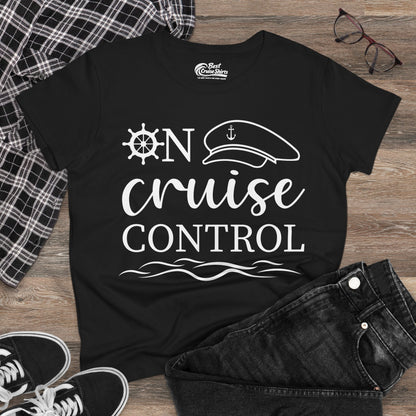 On Cruise Control Shirt - Nautical Captain Hat and Ship Wheel Design Ladies Tee - View 4 - Best Cruise Shirts