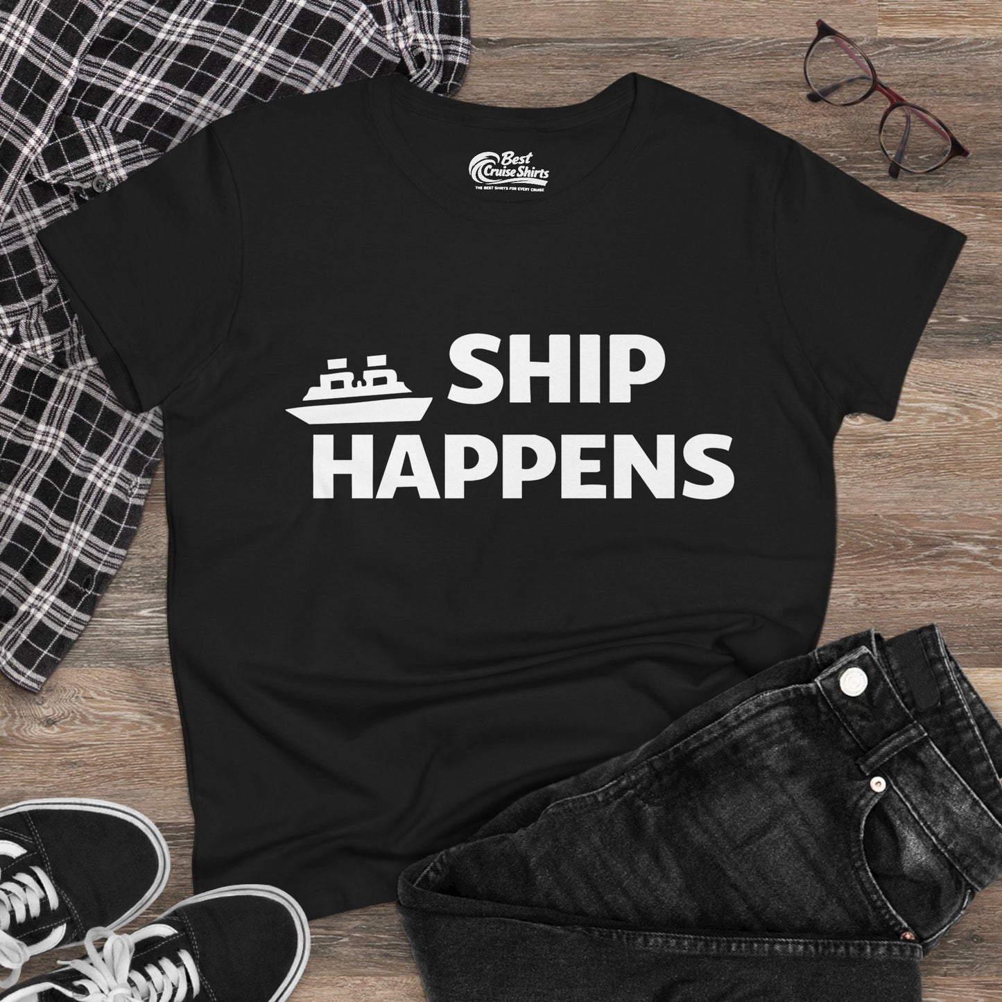 Ship Happens Funny Cruise Shirt With Bold Graphic Ship Pun Design Ladies Tee - View 4 - Best Cruise Shirts