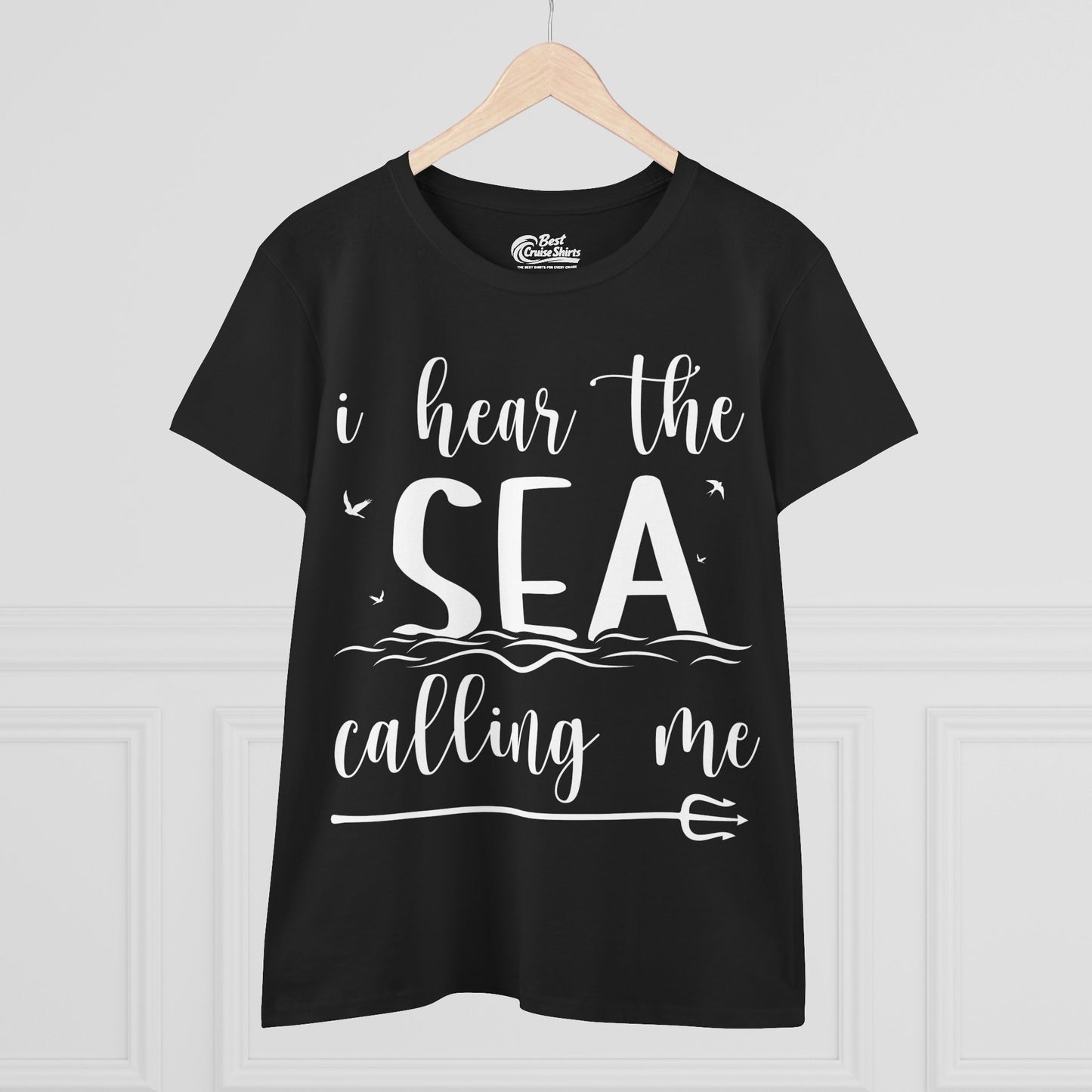 Sea Calling Nautical Beach Quote Shirt With Waves And Birds Art Ladies Tee - View 3 - Best Cruise Shirts