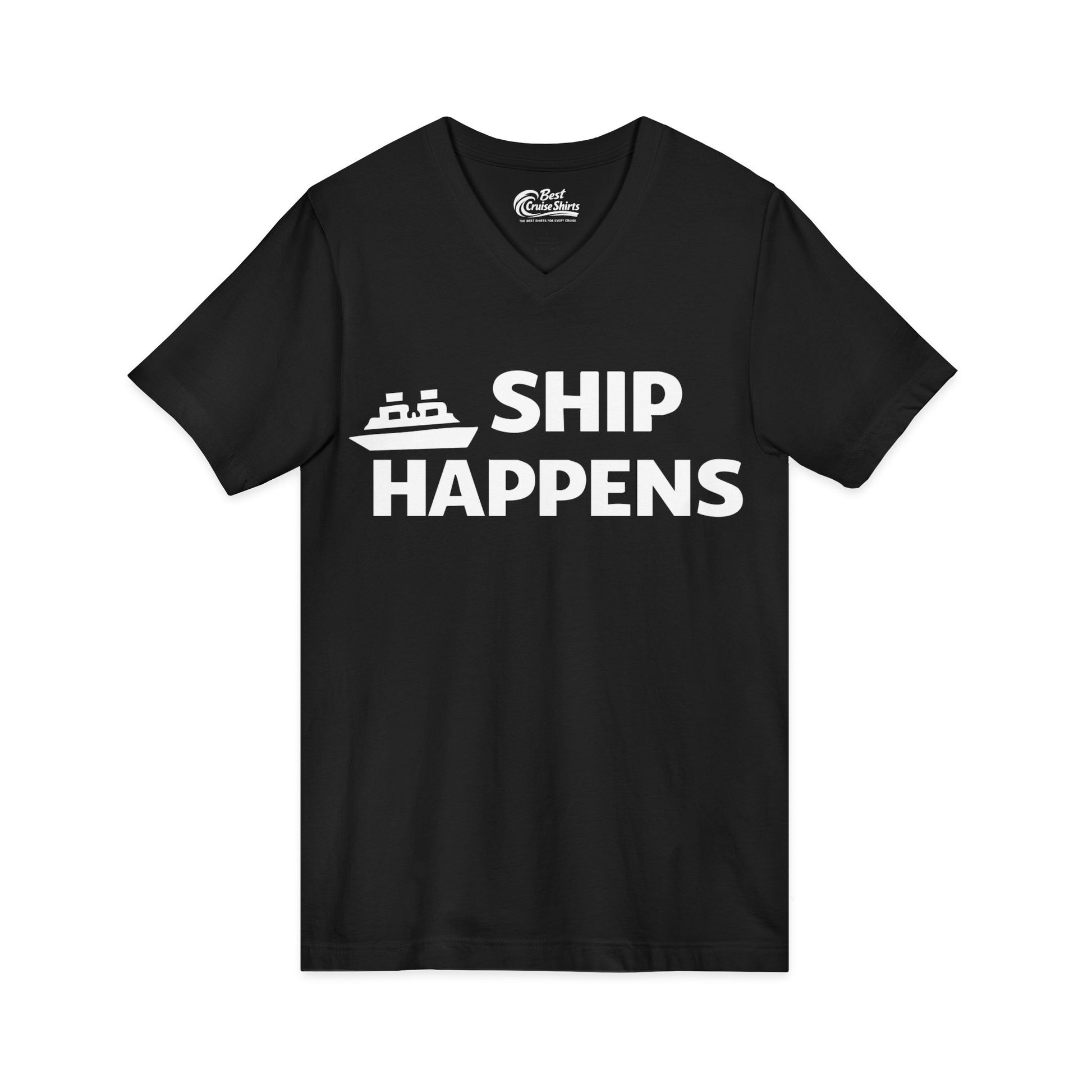 Ship Happens Funny Cruise Shirt With Bold Graphic Ship Pun Design V-Neck - View 3 - Best Cruise Shirts