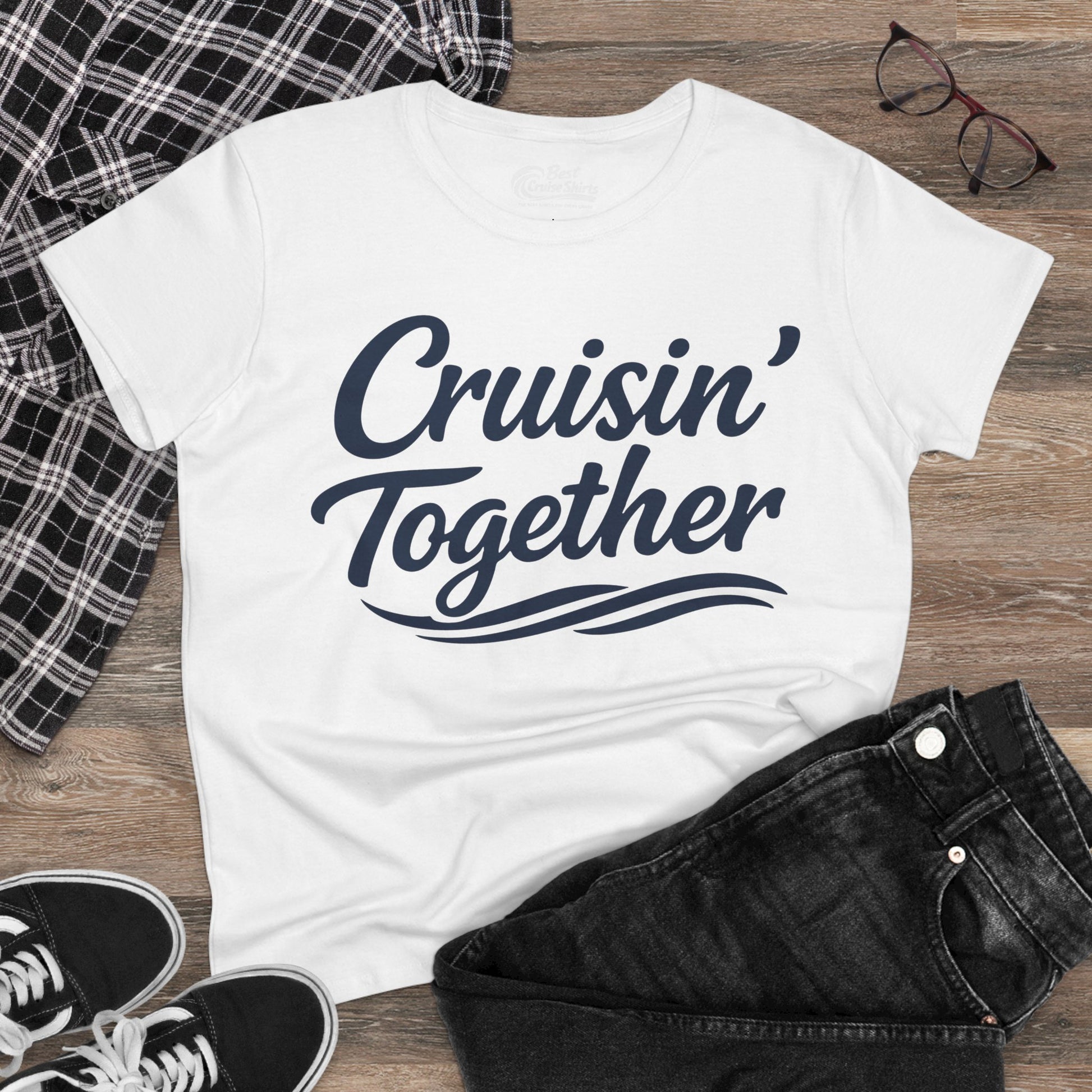 Cruisin Together Group Unity Shirt with Bold Script and Wave Design Ladies Tee - View 9 - Best Cruise Shirts