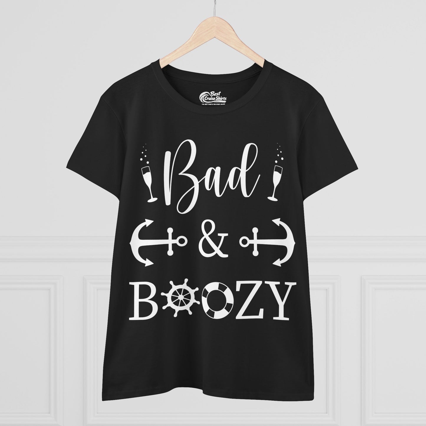 Bad and Boozy Nautical Cruise Shirt with Anchors and Ship Wheel Ladies Tee - View 3 - Best Cruise Shirts