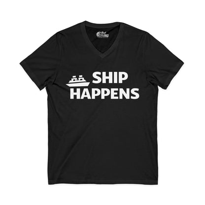 Ship Happens Funny Cruise Shirt With Bold Graphic Ship Pun Design V-Neck - Best Cruise Shirts