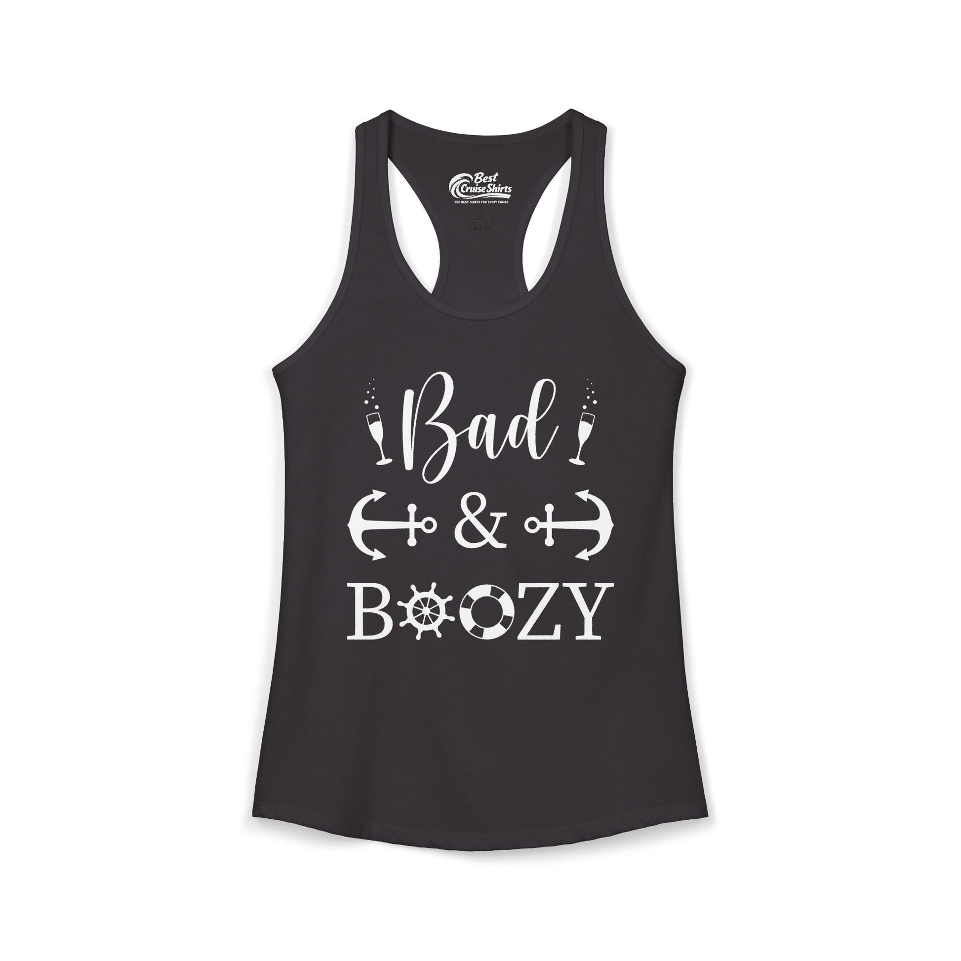 Bad and Boozy Nautical Cruise Shirt with Anchors and Ship Wheel Ladies Tank - Best Cruise Shirts