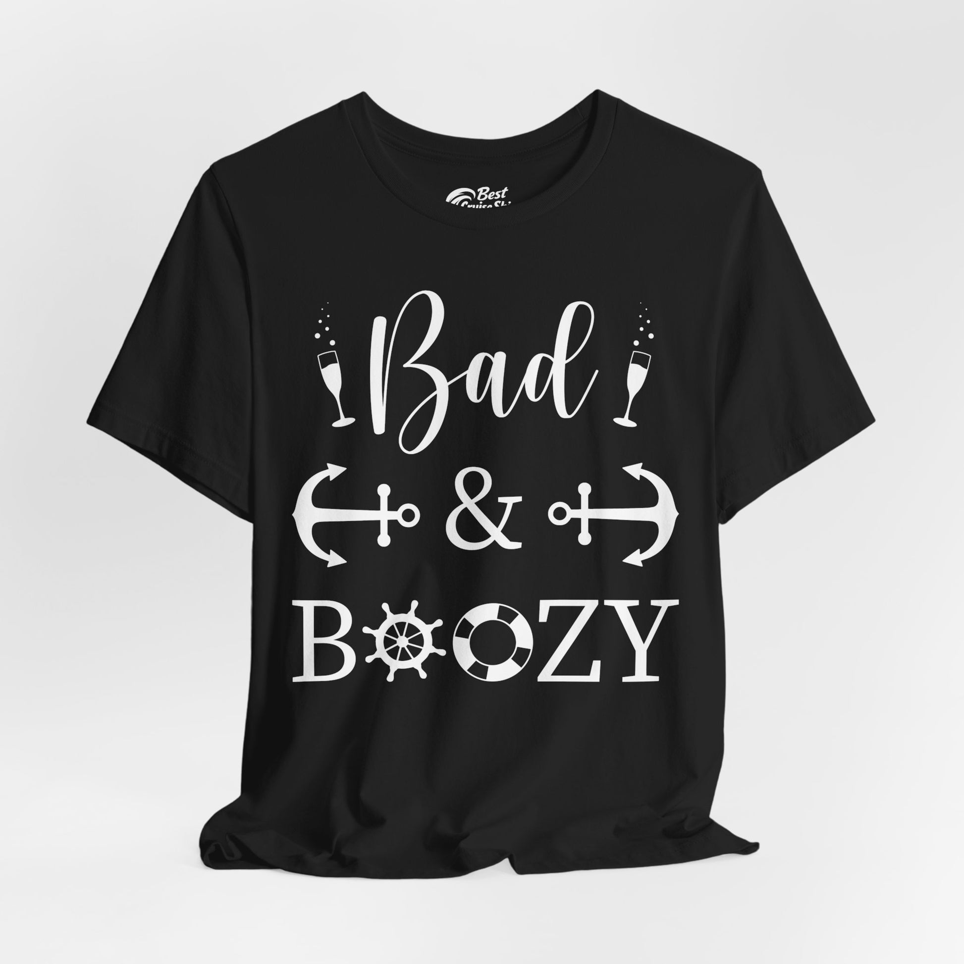 Bad and Boozy Nautical Cruise Shirt with Anchors and Ship Wheel Premium Tee - View 4 - Best Cruise Shirts
