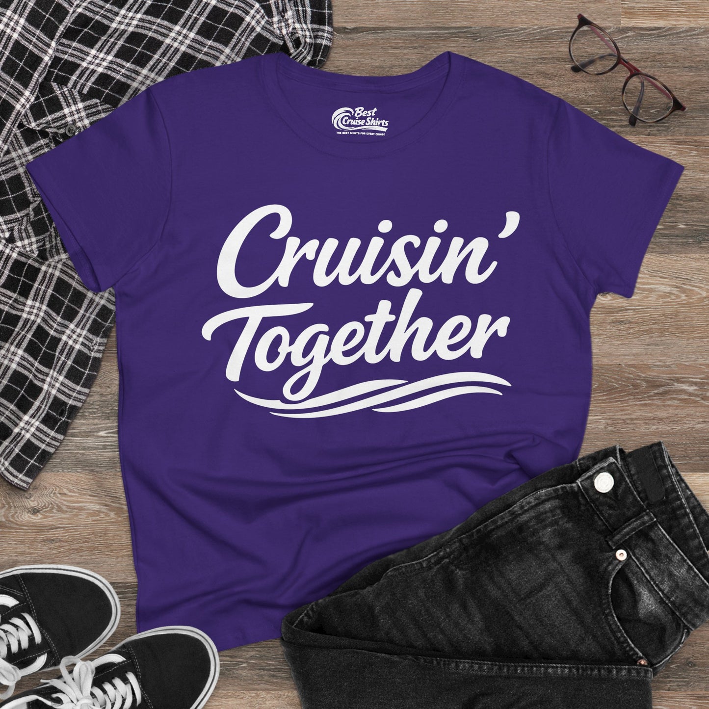 Cruisin Together Group Unity Shirt with Bold Script and Wave Design Ladies Tee - View 18 - Best Cruise Shirts