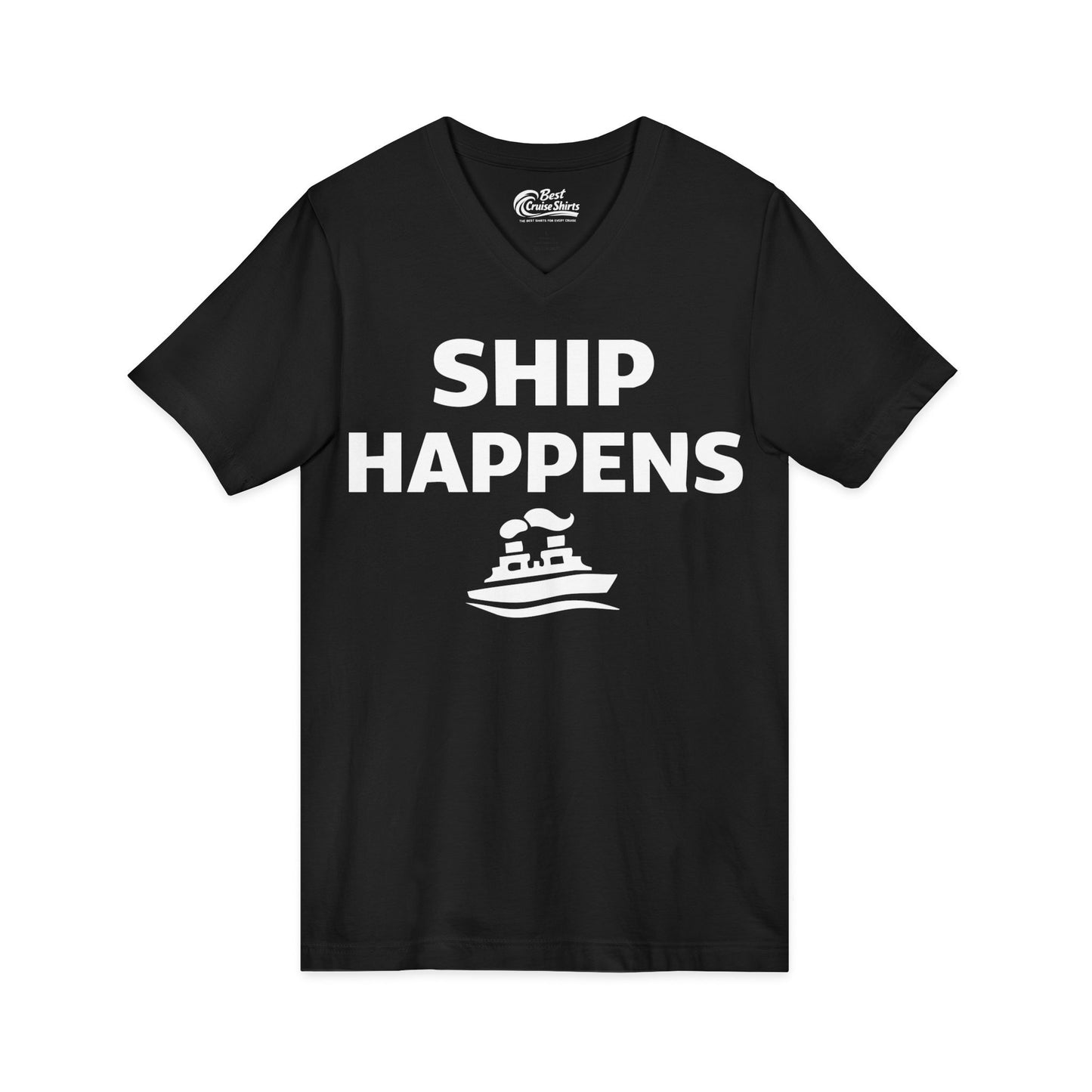Ship Happens Shirt - Funny Cruise Ship Pun Tee With Simple Ship Graphic V-Neck - View 3 - Best Cruise Shirts