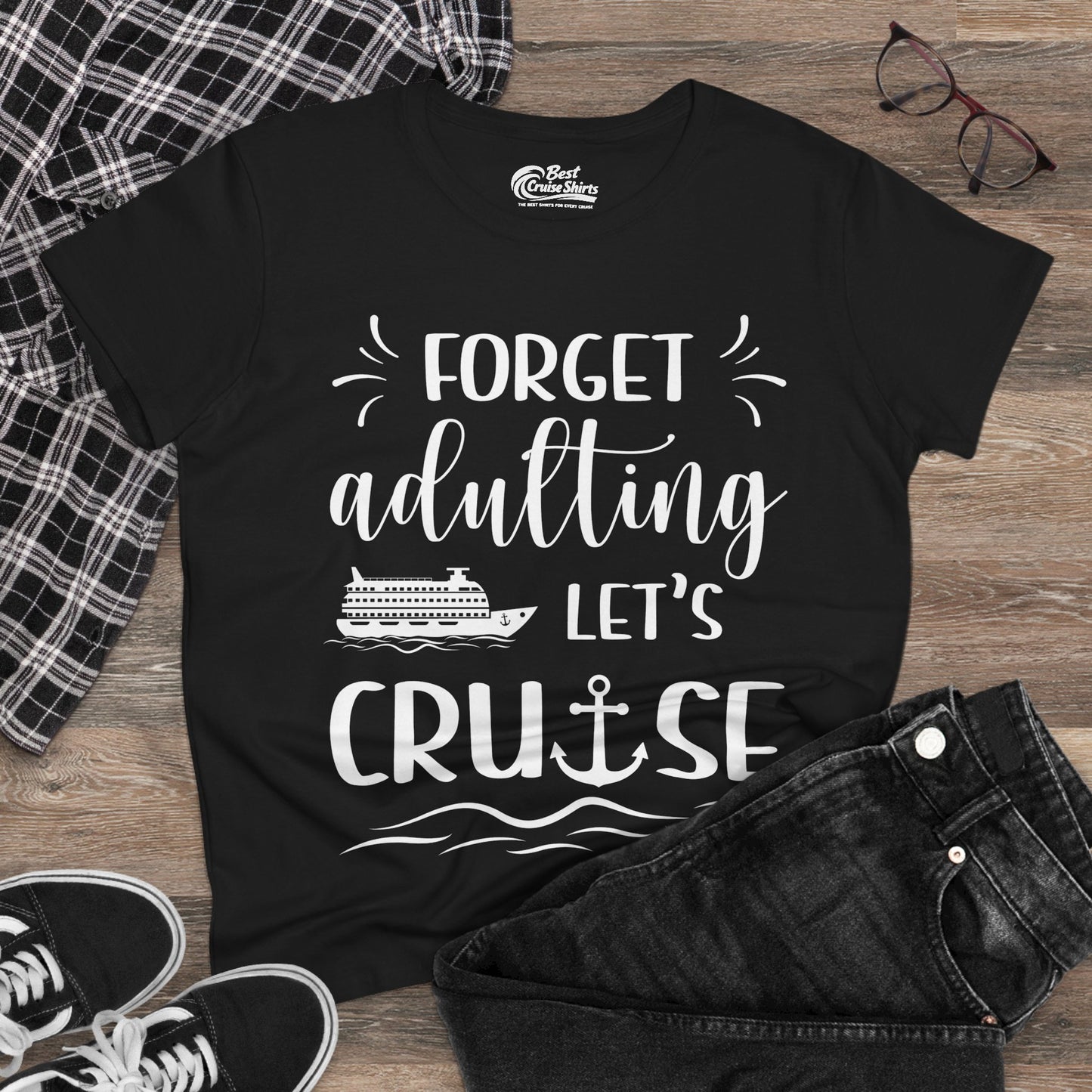 Forget Adulting Lets Cruise Nautical Funny Cruise Ship Shirt Design Ladies Tee - View 4 - Best Cruise Shirts