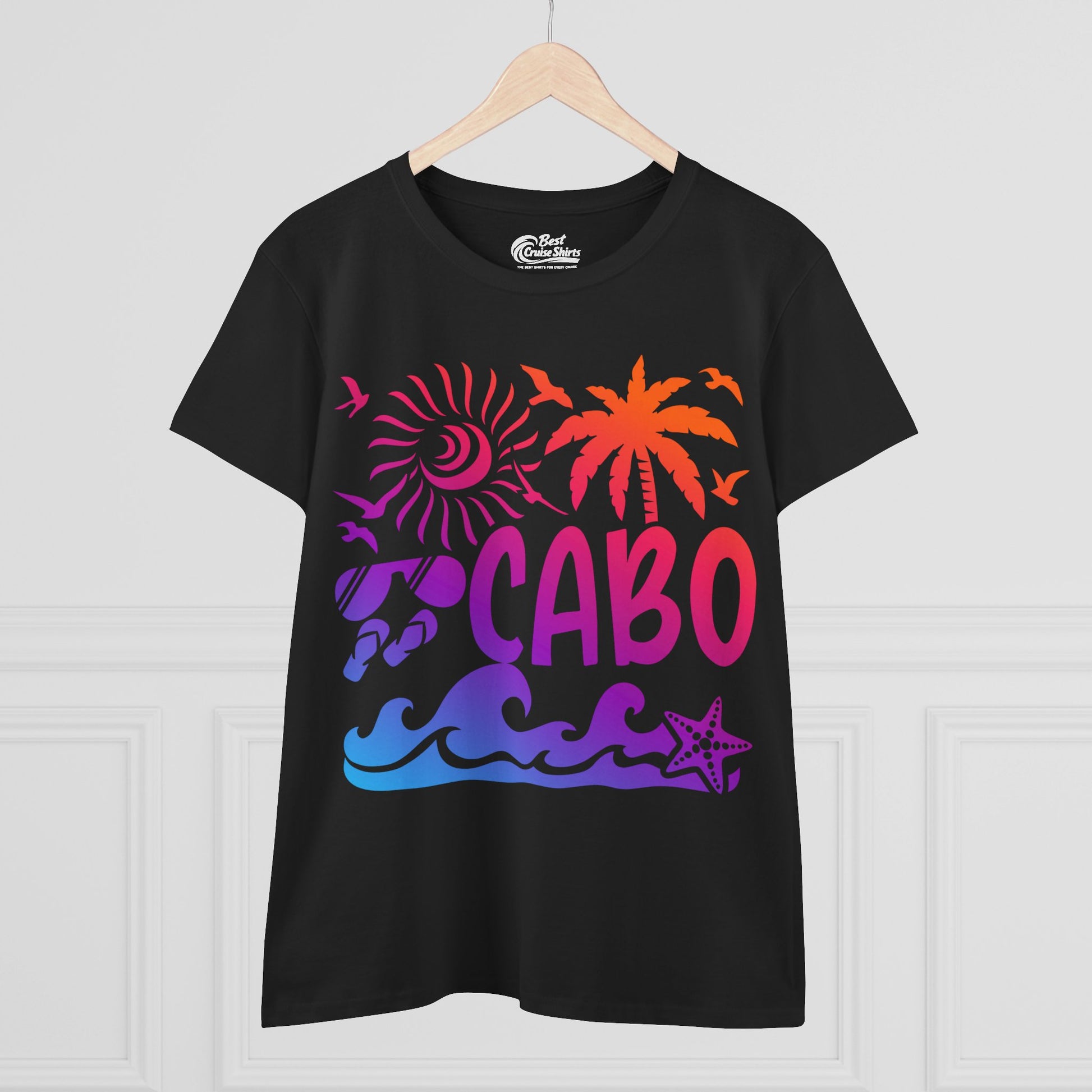 Cabo San Lucas Shirt - Tropical Sunset Palm Beach Vacation Graphic Tee Ladies Tee - View 3 - Best Cruise Shirts
