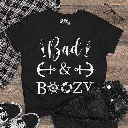 Bad and Boozy Nautical Cruise Shirt with Anchors and Ship Wheel Ladies Tee - View 4 - Best Cruise Shirts