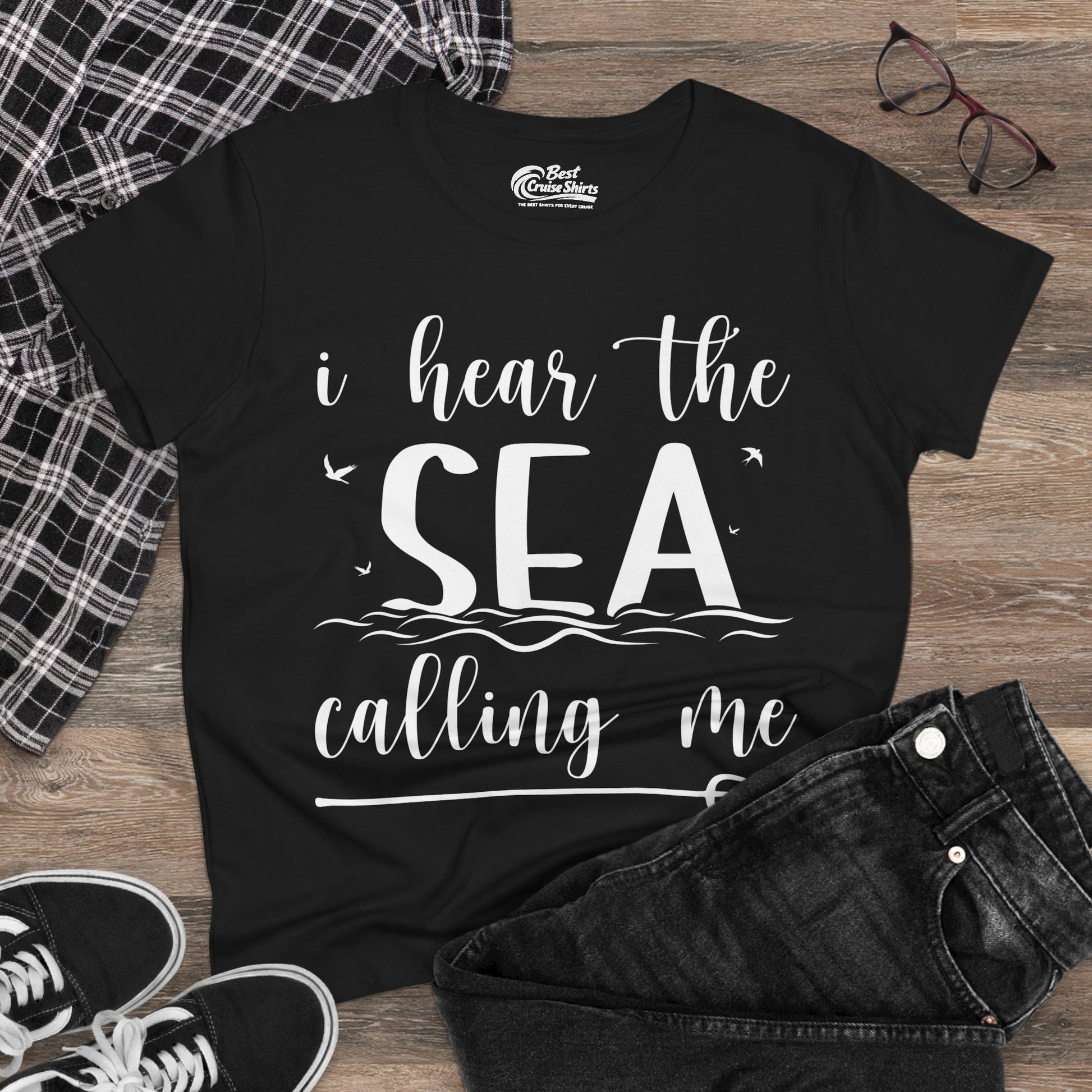 Sea Calling Nautical Beach Quote Shirt With Waves And Birds Art Ladies Tee - View 4 - Best Cruise Shirts