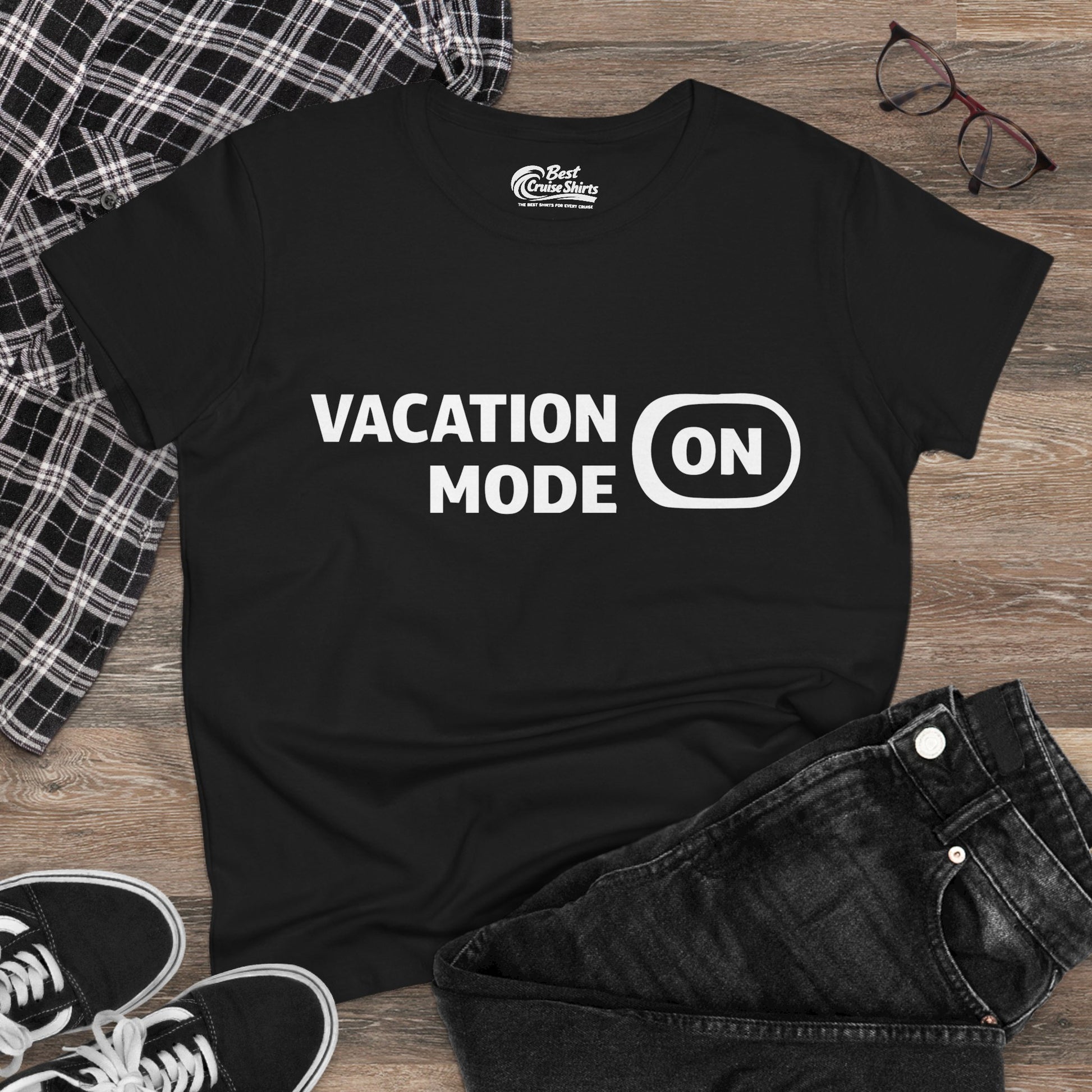 Vacation Mode On Minimalist Switch Graphic Funny Travel Shirt Ladies Tee - View 4 - Best Cruise Shirts