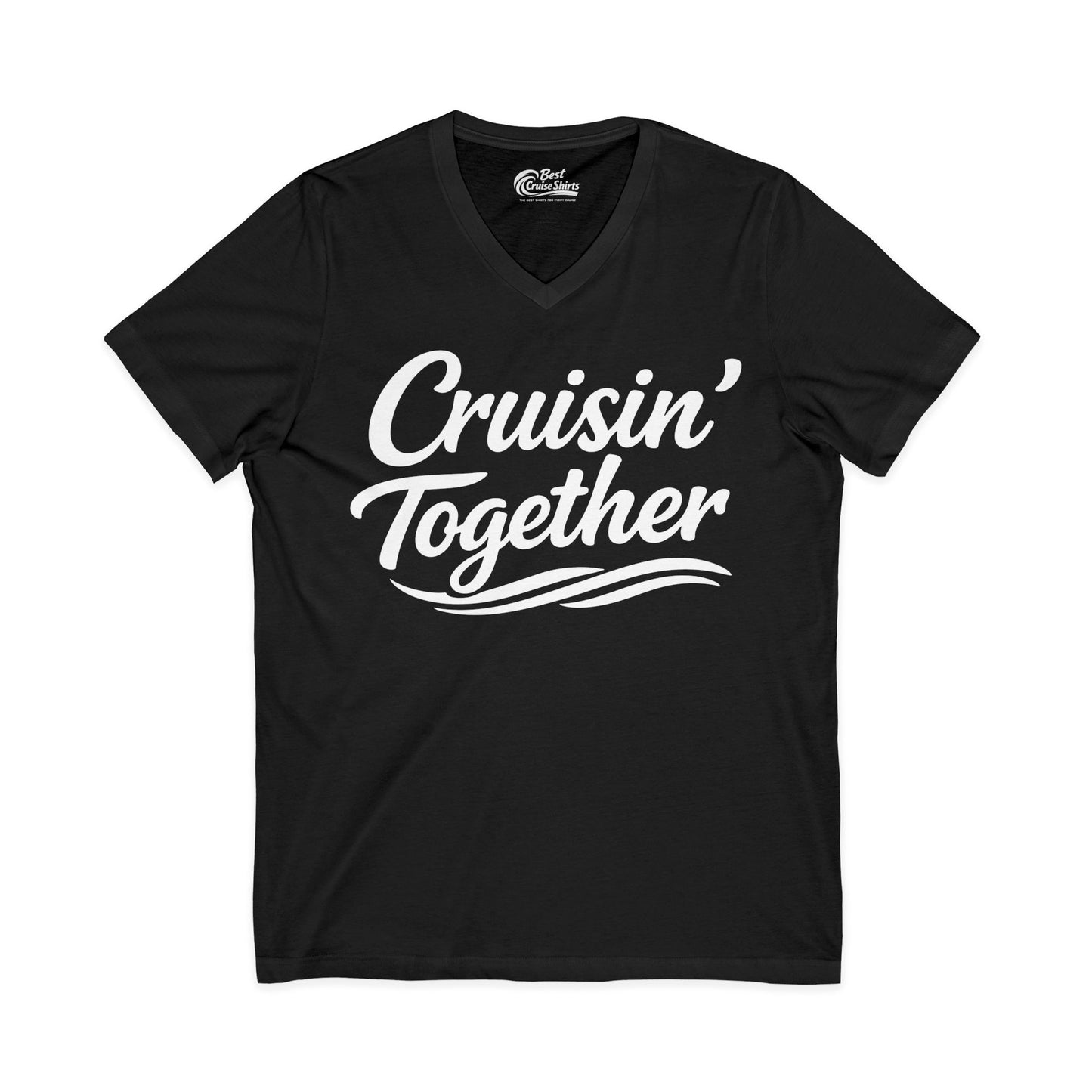 Cruisin Together Group Unity Shirt with Bold Script and Wave Design V-Neck - View 3 - Best Cruise Shirts