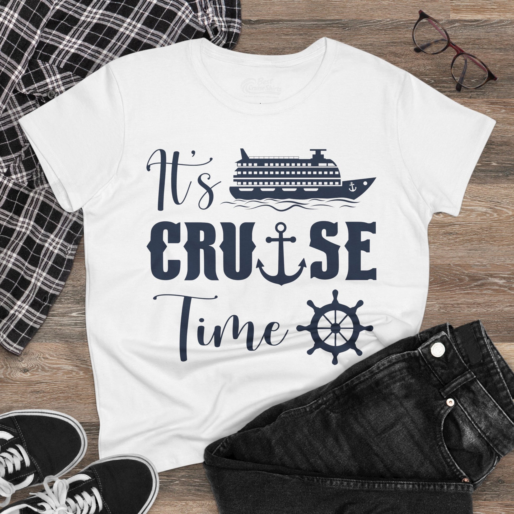It’s Cruise Time Shirt - Nautical Ship Anchor Wheel Bold Graphic Ladies Tee - View 12 - Best Cruise Shirts