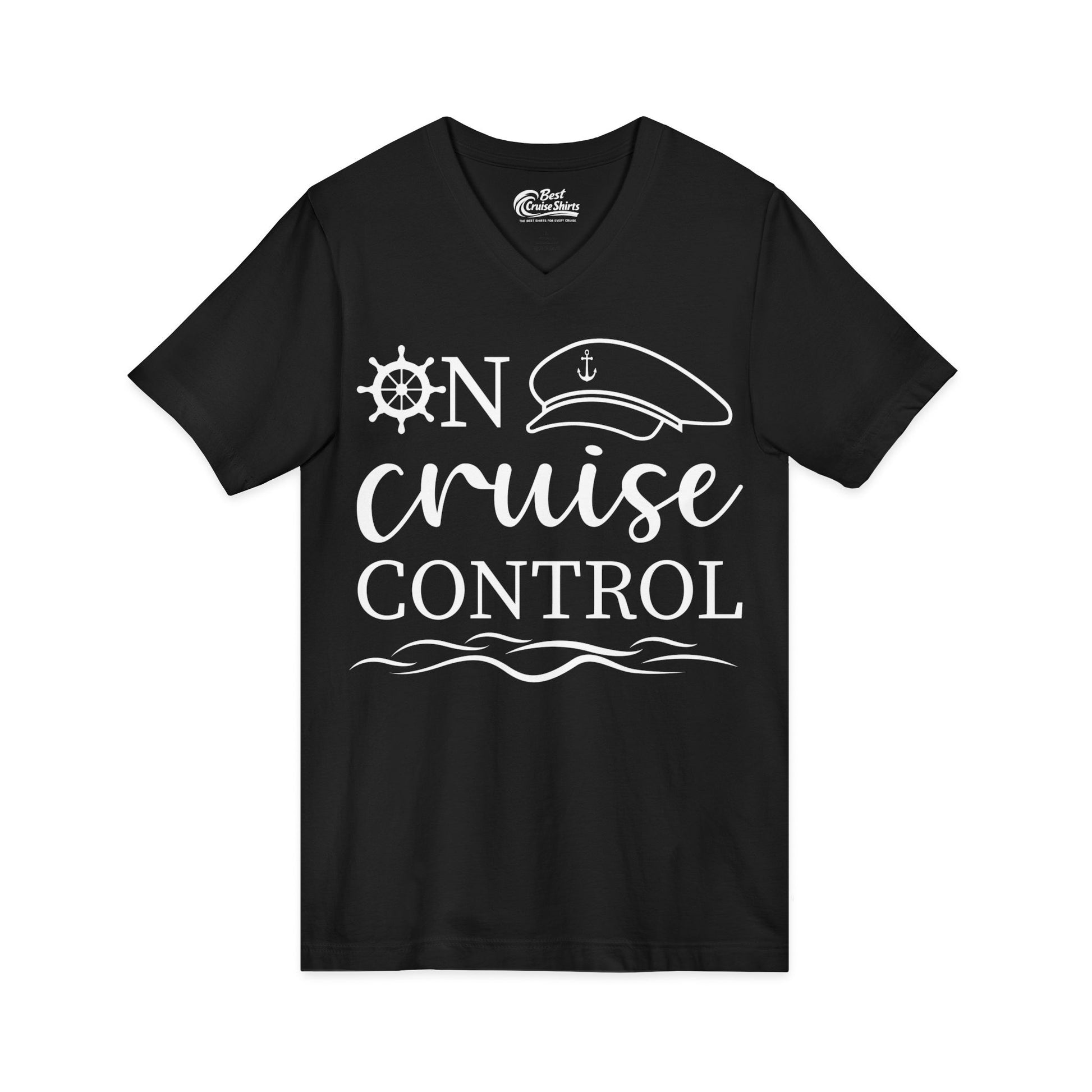 On Cruise Control Shirt - Nautical Captain Hat and Ship Wheel Design V-Neck - View 3 - Best Cruise Shirts