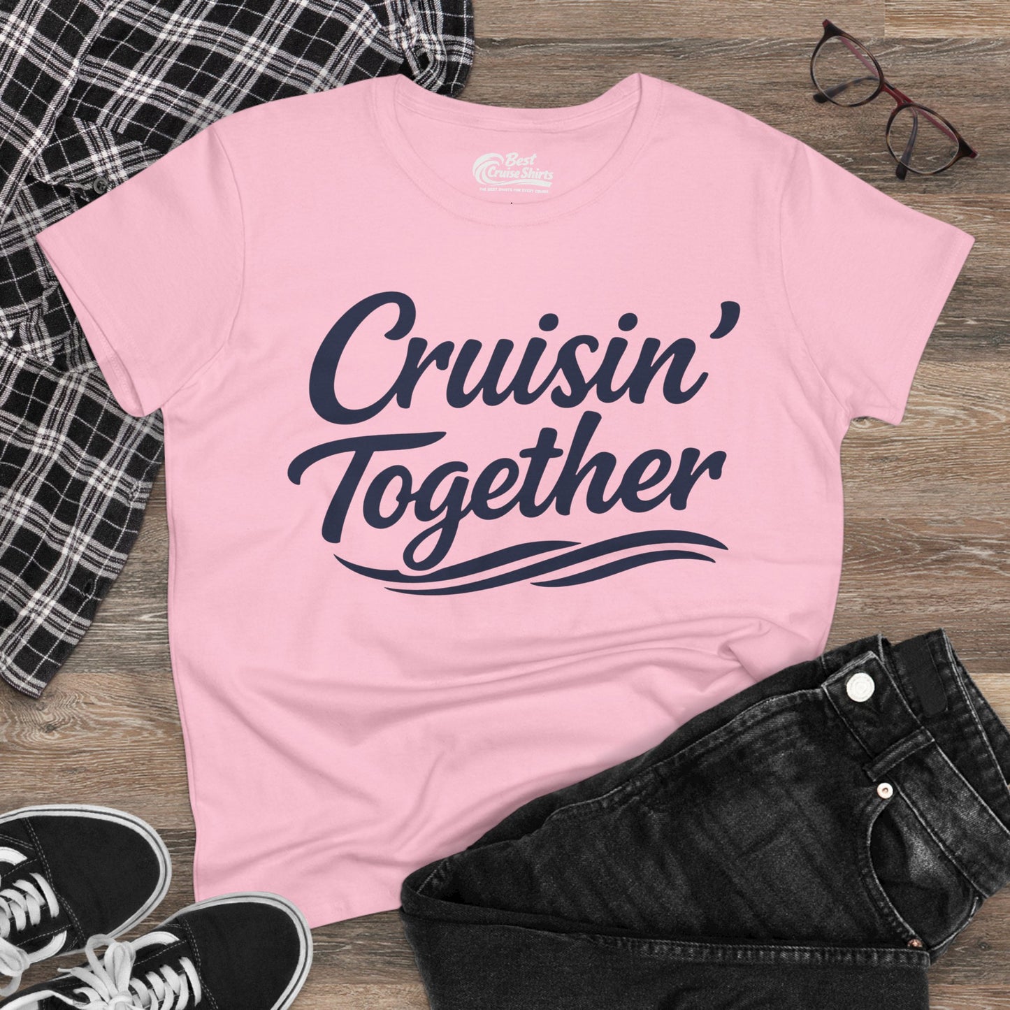 Cruisin Together Group Unity Shirt with Bold Script and Wave Design Ladies Tee - View 21 - Best Cruise Shirts