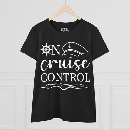 On Cruise Control Shirt - Nautical Captain Hat and Ship Wheel Design Ladies Tee - View 3 - Best Cruise Shirts
