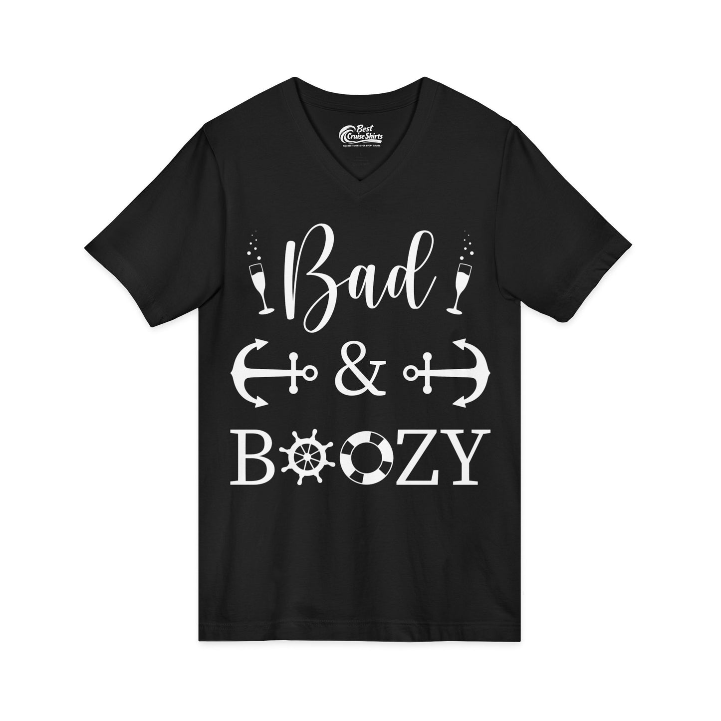 Bad and Boozy Nautical Cruise Shirt with Anchors and Ship Wheel V-Neck - View 3 - Best Cruise Shirts