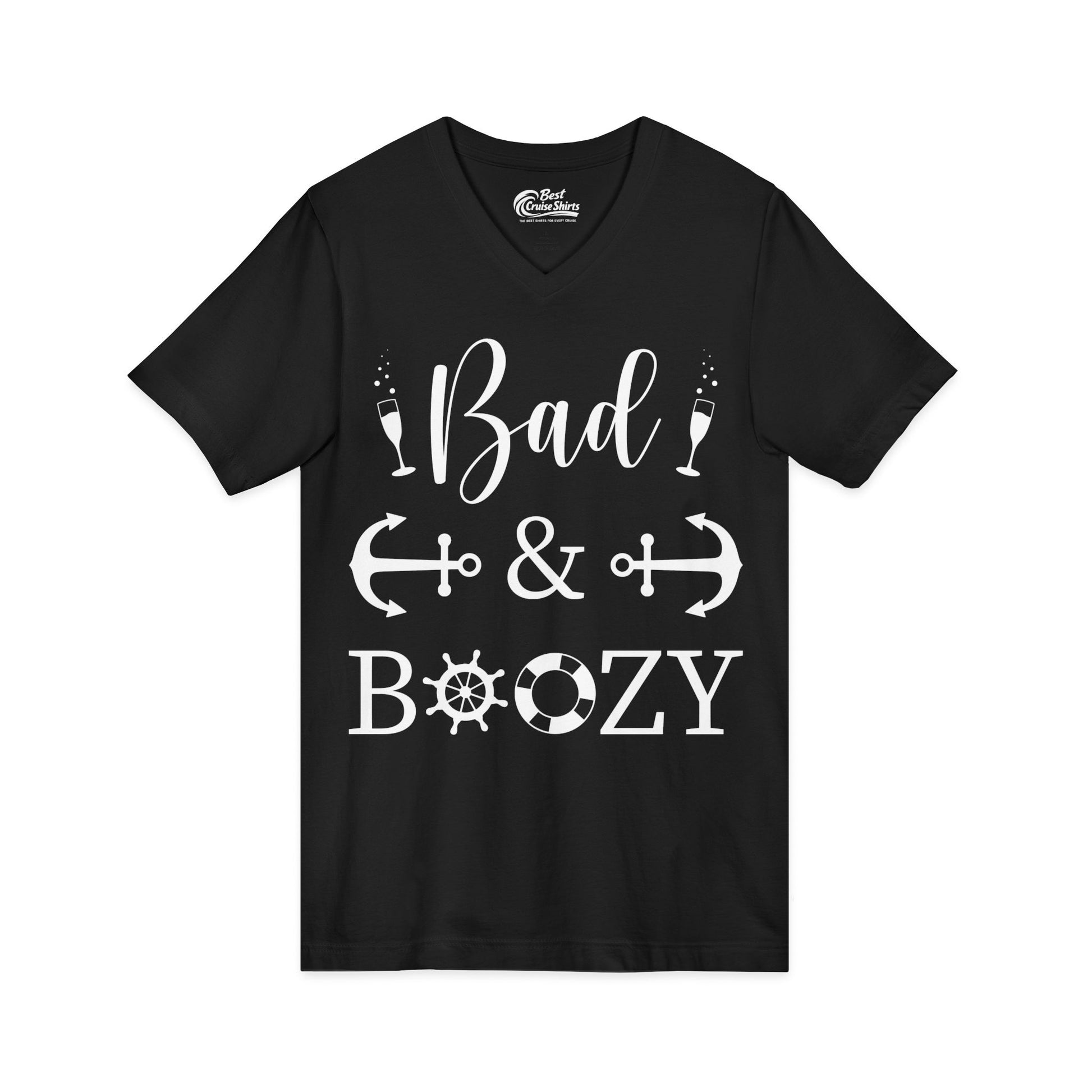 Bad and Boozy Nautical Cruise Shirt with Anchors and Ship Wheel V-Neck - View 3 - Best Cruise Shirts