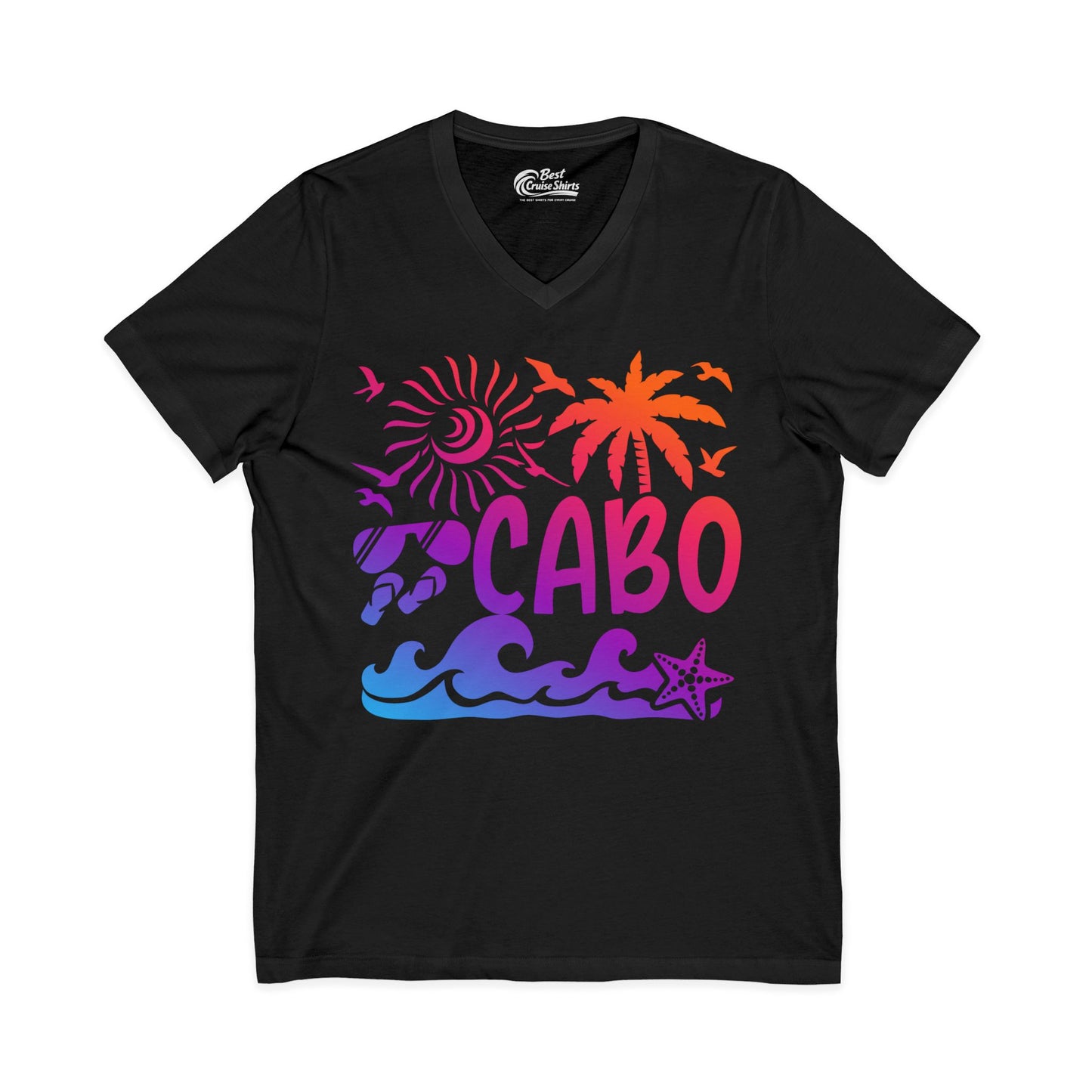 Cabo San Lucas Shirt - Tropical Sunset Palm Beach Vacation Graphic Tee V-Neck - Best Cruise Shirts