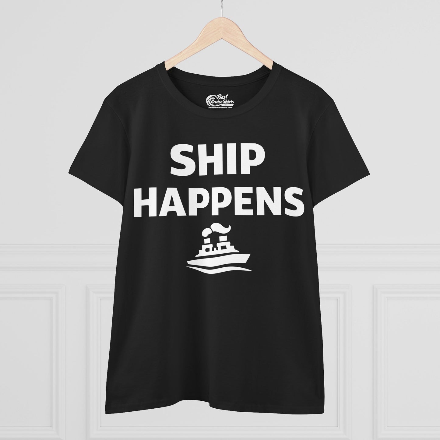 Ship Happens Shirt - Funny Cruise Ship Pun Tee With Simple Ship Graphic Ladies Tee - View 3 - Best Cruise Shirts