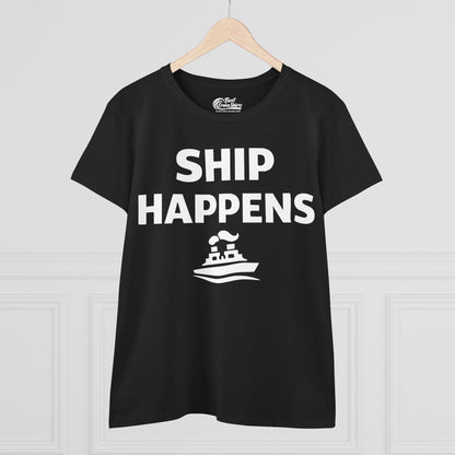 Ship Happens Shirt - Funny Cruise Ship Pun Tee With Simple Ship Graphic Ladies Tee - View 3 - Best Cruise Shirts