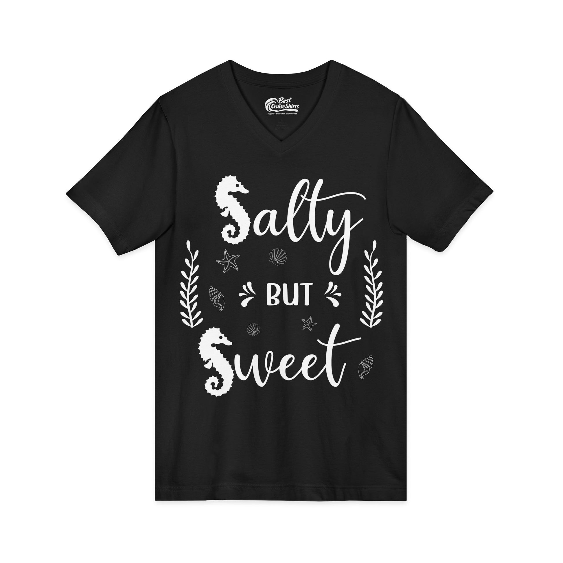 Salty But Sweet Seahorse Ocean Beach Shirt - Whimsical Summer Tee V-Neck - View 3 - Best Cruise Shirts