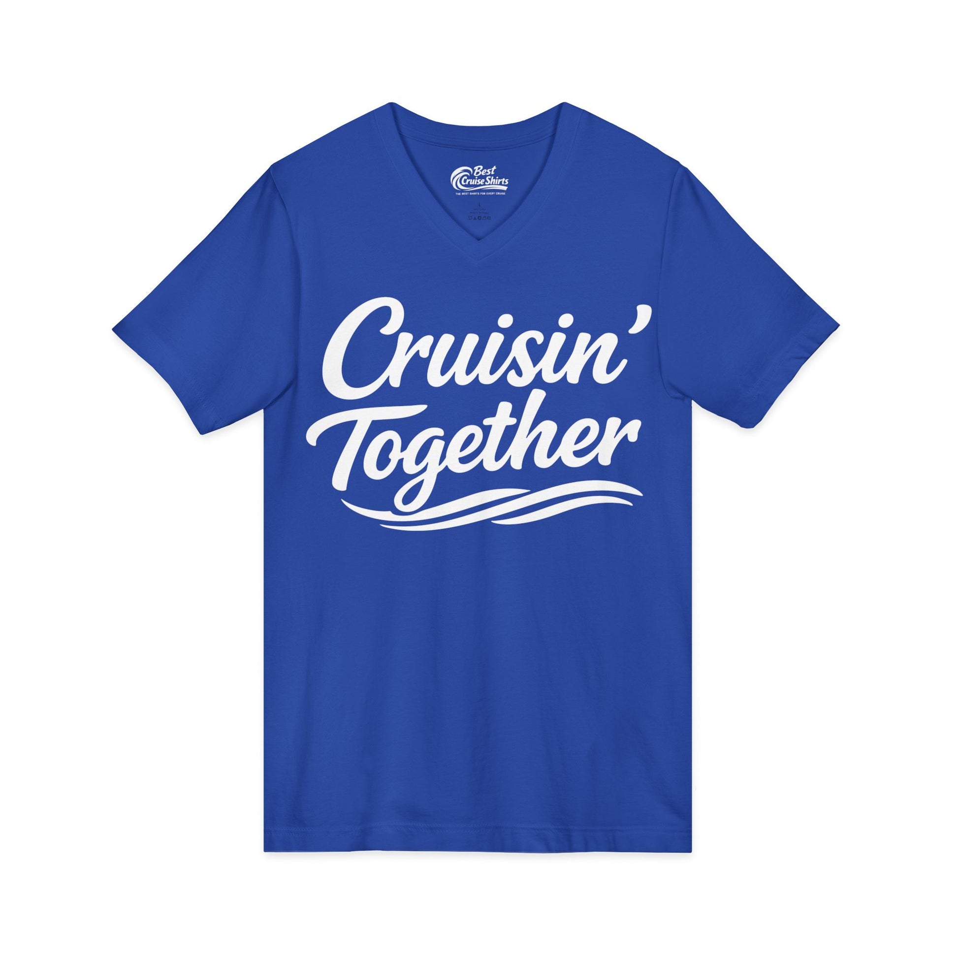 Cruisin Together Group Unity Shirt with Bold Script and Wave Design V-Neck - View 17 - Best Cruise Shirts