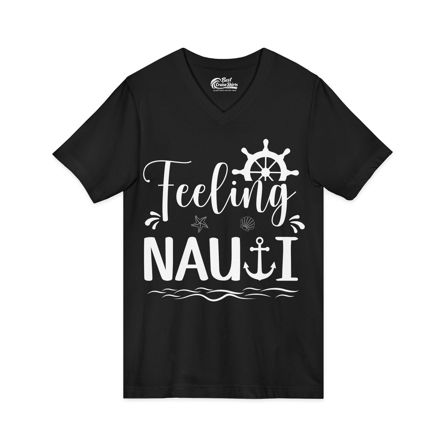 Feeling Nauti Shirt - Nautical Humor with Anchor Ship Wheel Starfish V-Neck - View 3 - Best Cruise Shirts