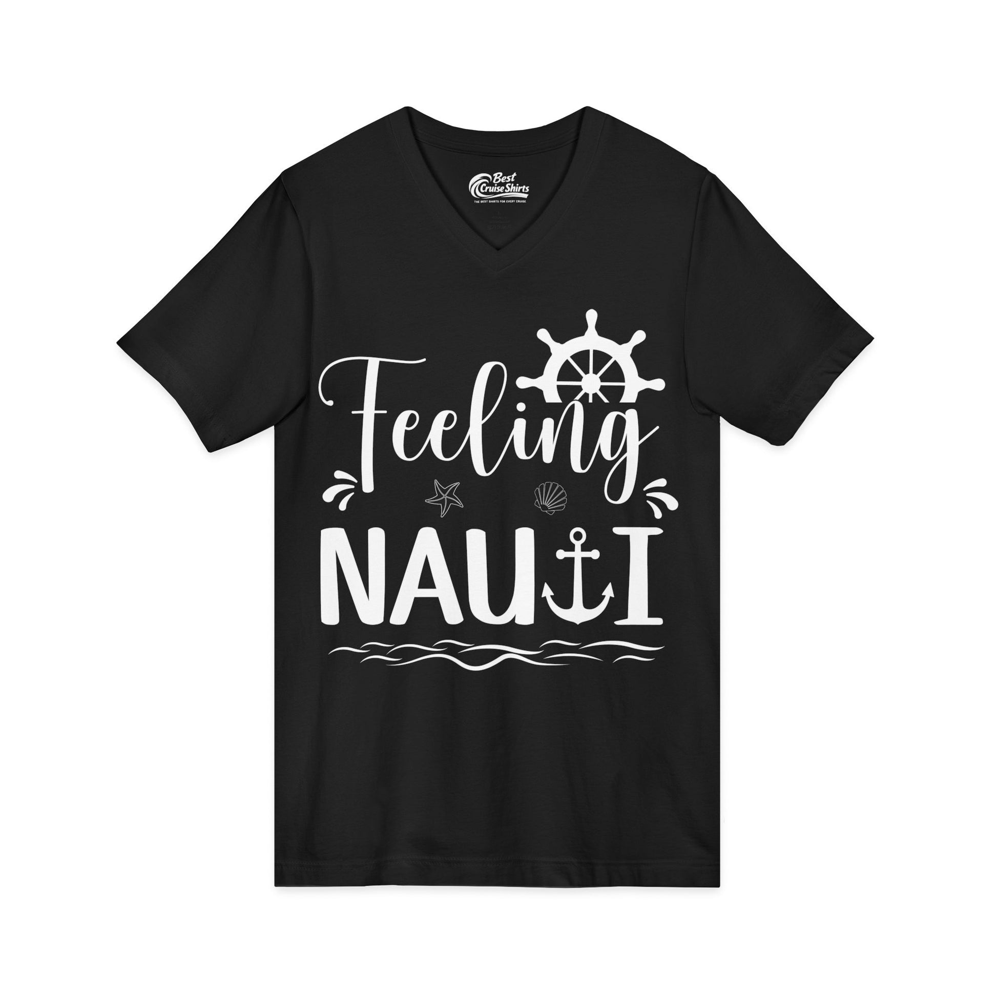 Feeling Nauti Shirt - Nautical Humor with Anchor Ship Wheel Starfish V-Neck - View 3 - Best Cruise Shirts