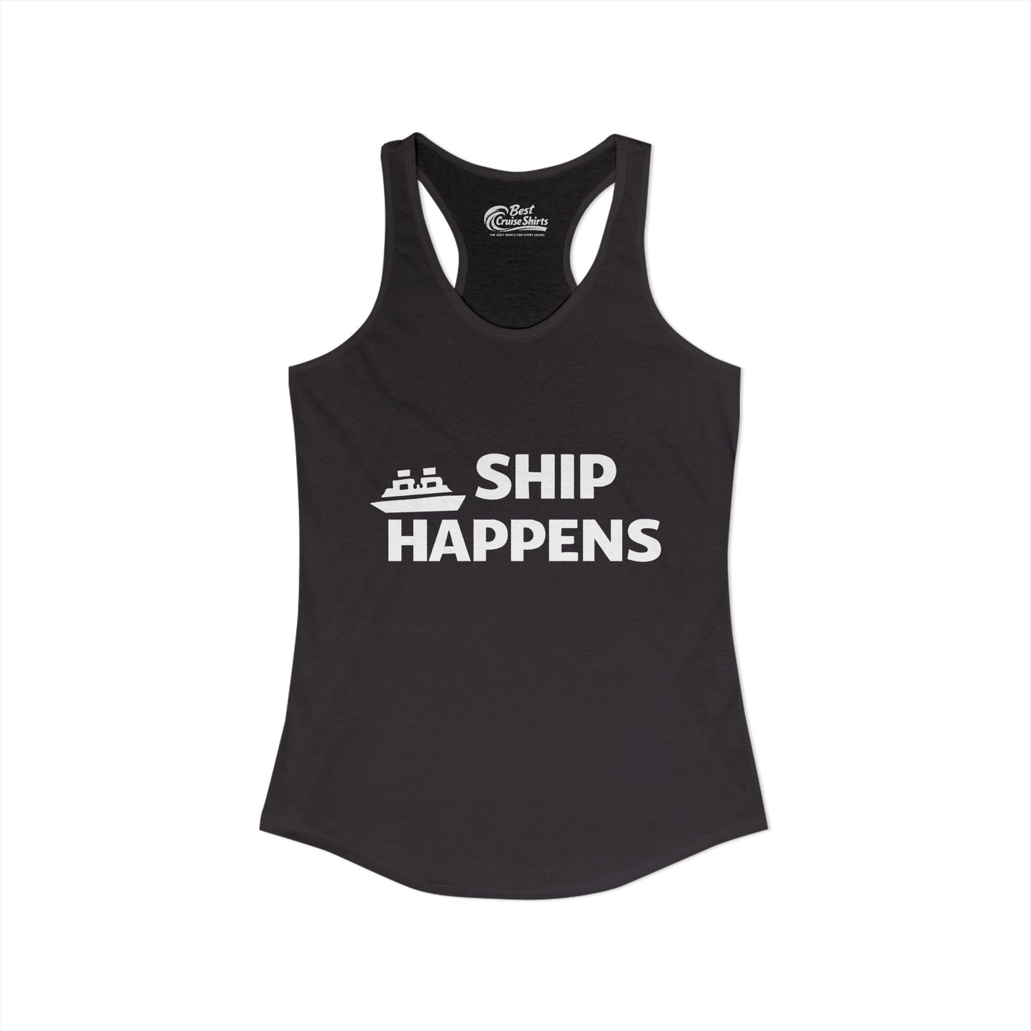Ship Happens Funny Cruise Shirt With Bold Graphic Ship Pun Design Ladies Tank - View 2 - Best Cruise Shirts