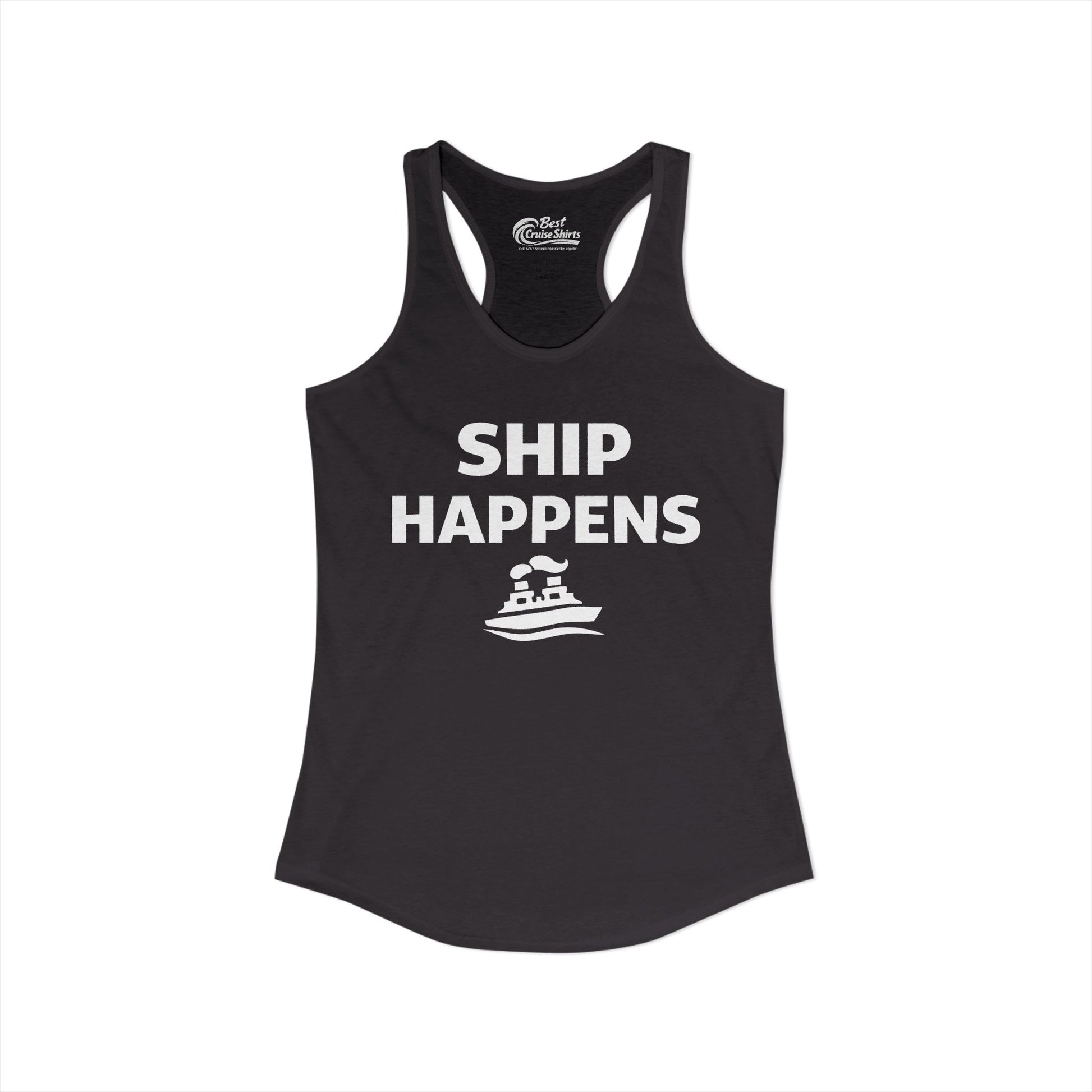 Ship Happens Shirt - Funny Cruise Ship Pun Tee With Simple Ship Graphic Ladies Tank - View 2 - Best Cruise Shirts