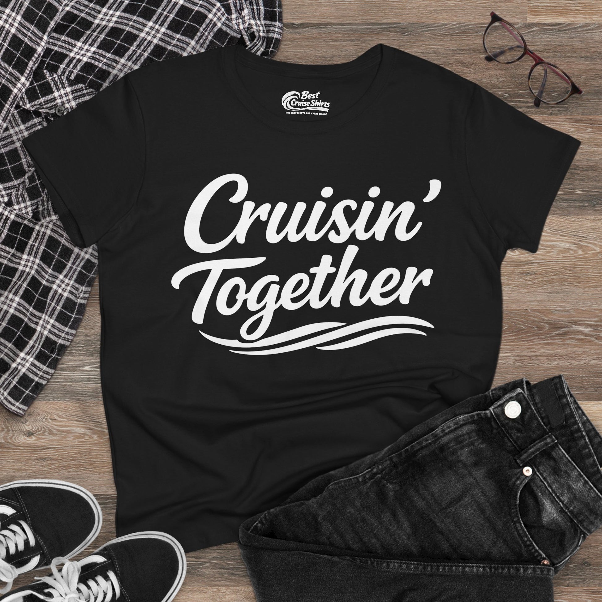 Cruisin Together Group Unity Shirt with Bold Script and Wave Design Ladies Tee - View 12 - Best Cruise Shirts