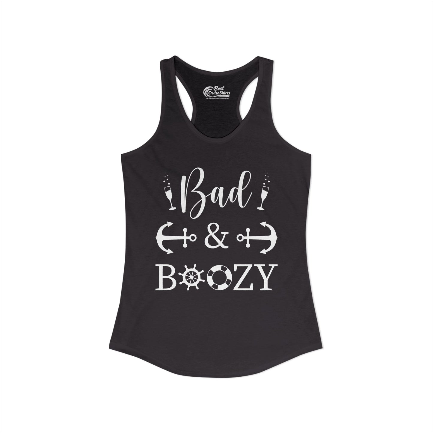 Bad and Boozy Nautical Cruise Shirt with Anchors and Ship Wheel Ladies Tank - View 2 - Best Cruise Shirts