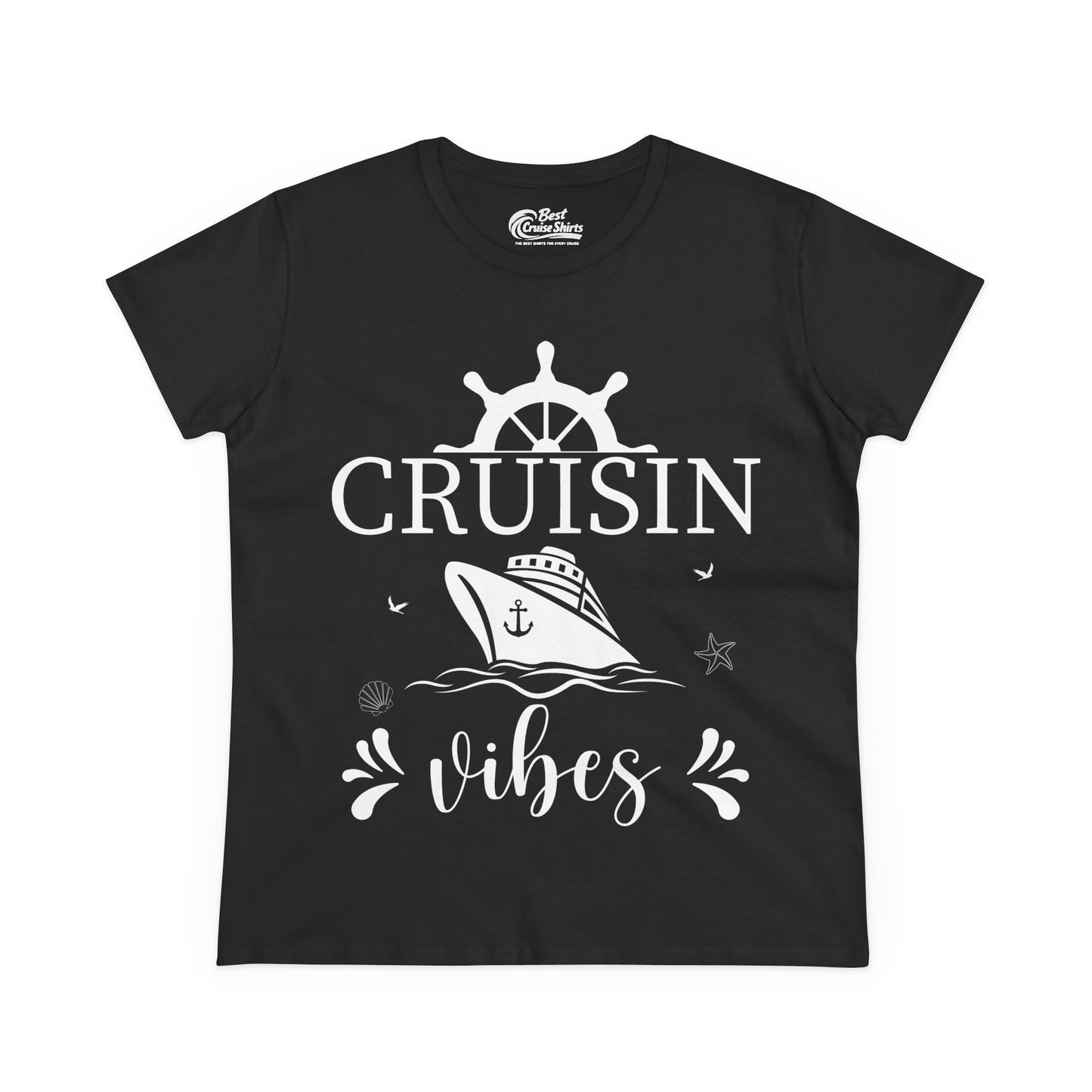 Cruisin Vibes Nautical Ocean Adventure Shirt - Bold Line Art Design Ladies Tee - Best Cruise Shirts