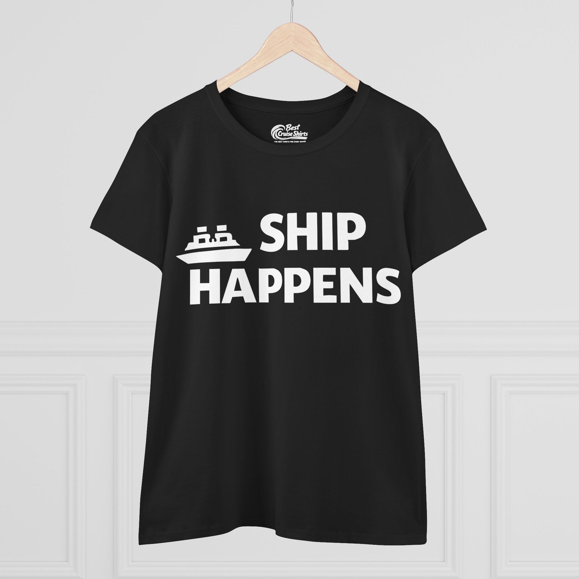 Ship Happens Funny Cruise Shirt With Bold Graphic Ship Pun Design Ladies Tee - View 3 - Best Cruise Shirts