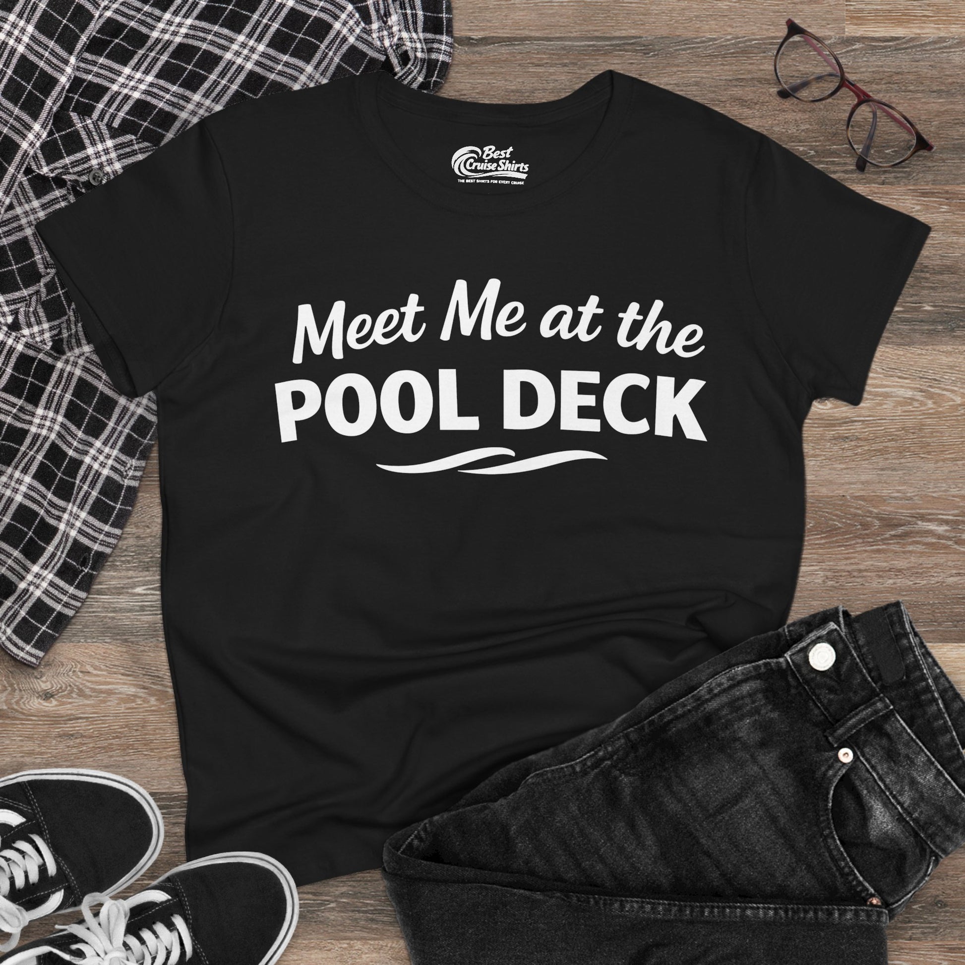 Meet Me At The Pool Deck Bold Fun Poolside Water Wave Shirt Ladies Tee - View 4 - Best Cruise Shirts