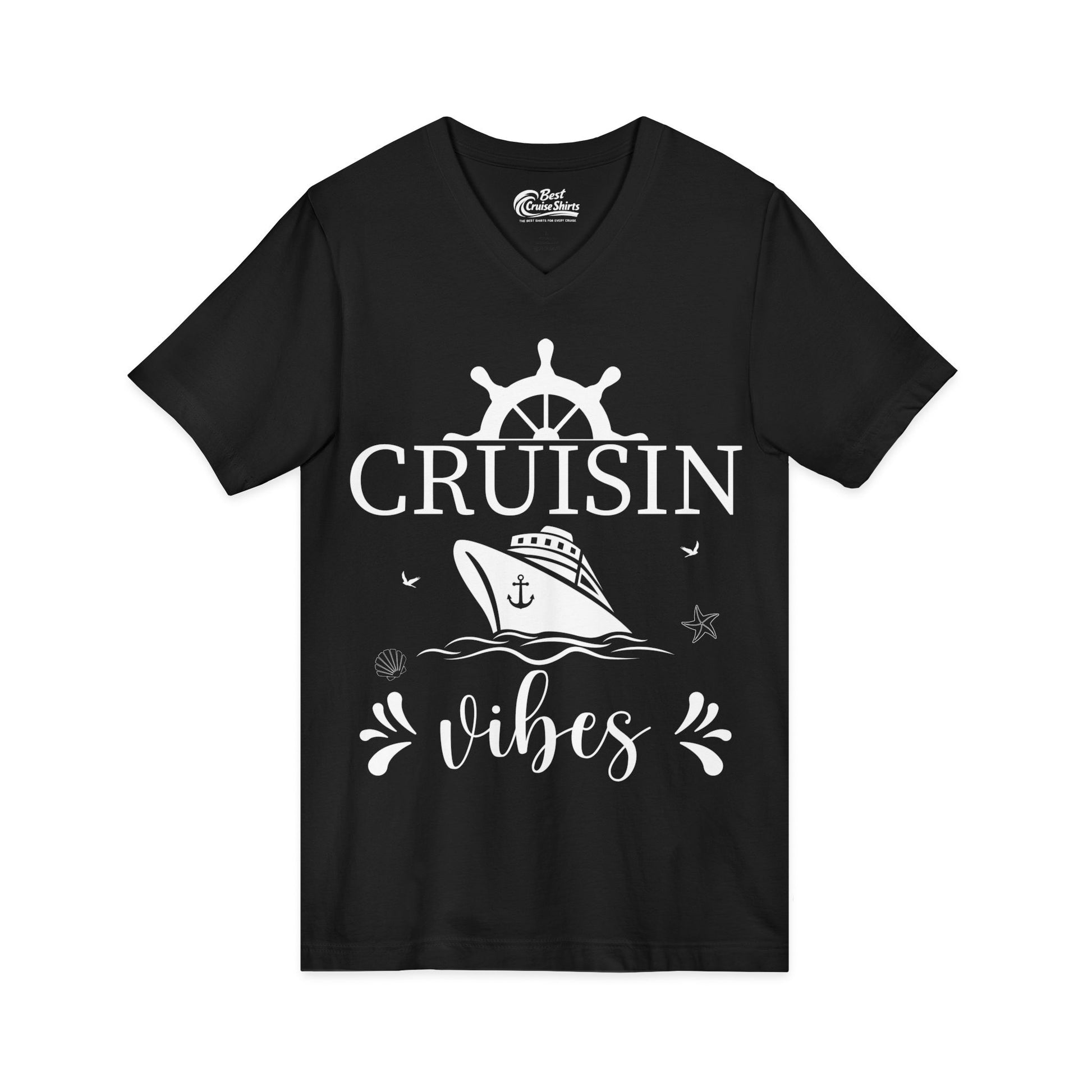 Cruisin Vibes Nautical Ocean Adventure Shirt - Bold Line Art Design V-Neck - View 3 - Best Cruise Shirts