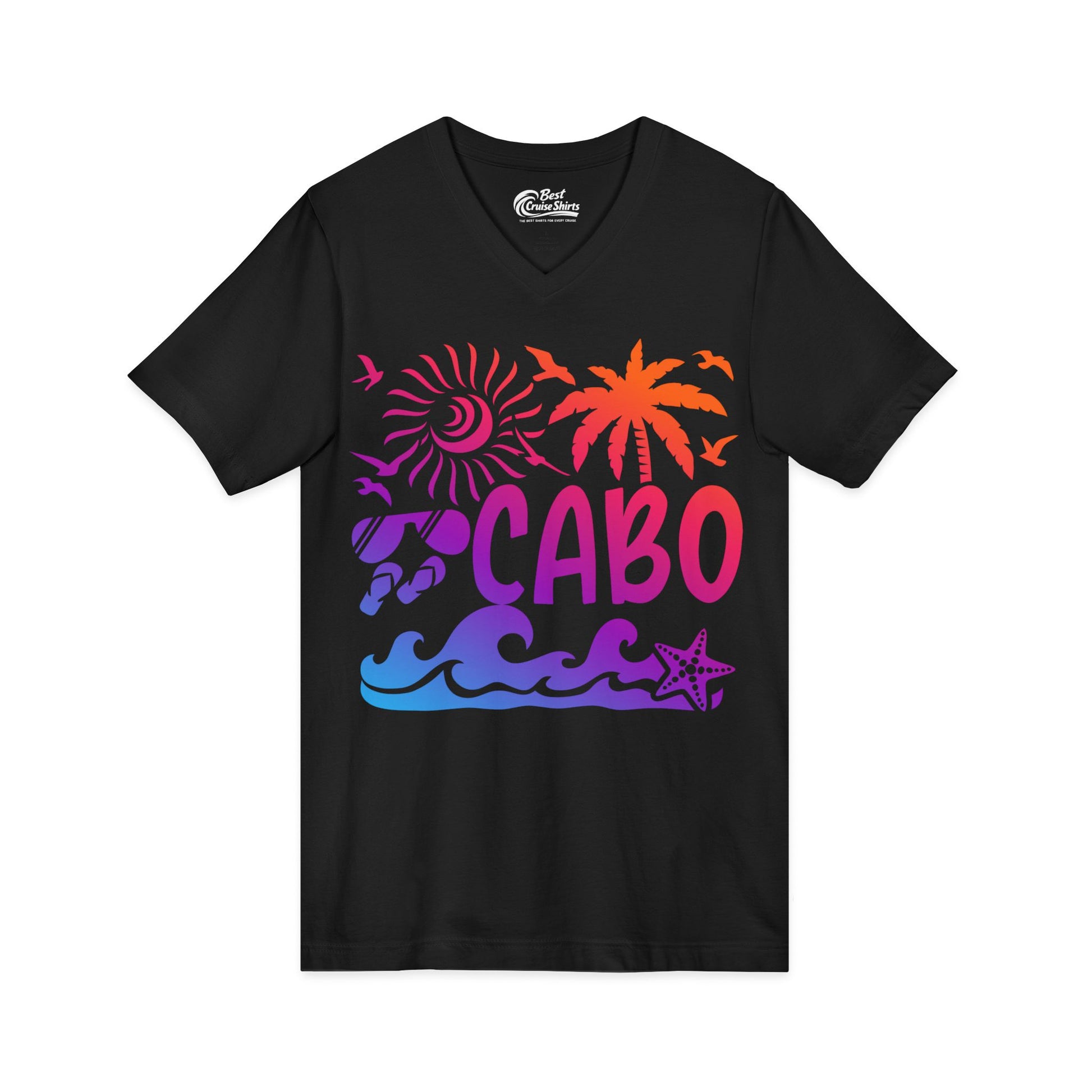 Cabo San Lucas Shirt - Tropical Sunset Palm Beach Vacation Graphic Tee V-Neck - View 3 - Best Cruise Shirts