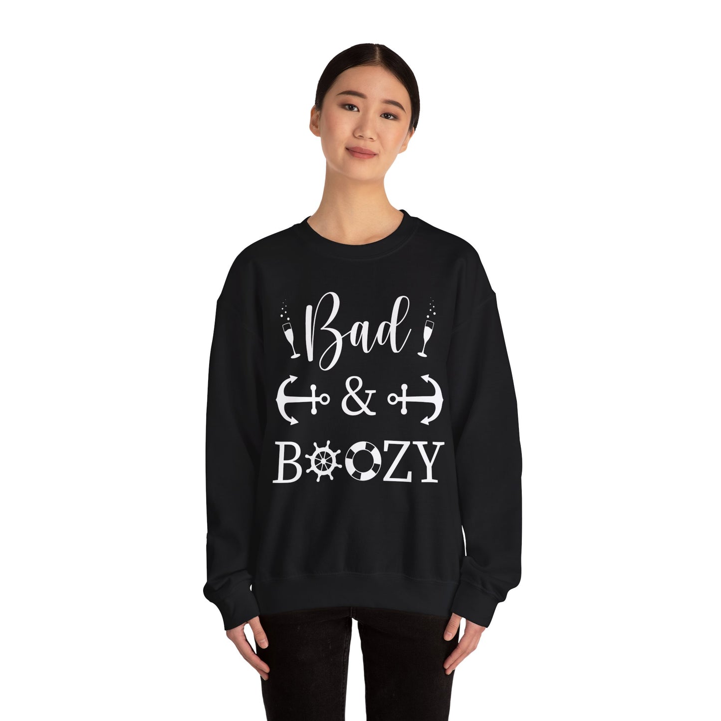 Bad and Boozy Nautical Cruise Shirt with Anchors and Ship Wheel Sweatshirt - View 4 - Best Cruise Shirts