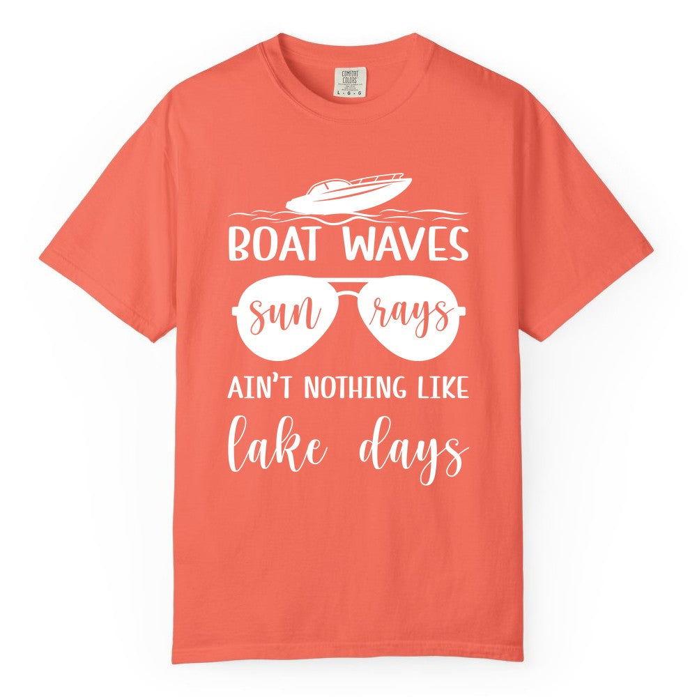 Lake Days Shirt - Fun Lake Life & Boating Summer Vibes Tee (Comfort Color) in Bright Salmon - Boat Waves Sun Rays Lake Days Summer Lake Life Shirt