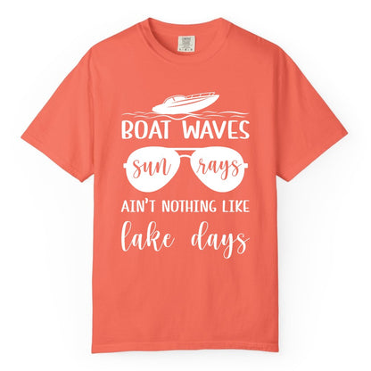 Lake Days Shirt - Fun Lake Life & Boating Summer Vibes Tee (Comfort Color) in Bright Salmon - Boat Waves Sun Rays Lake Days Summer Lake Life Shirt