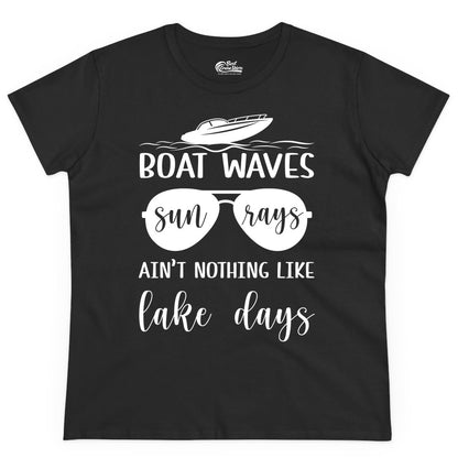 Lake Days Shirt - Fun Lake Life & Boating Summer Vibes Tee (Ladies Tee) in Black - Boat Waves Sun Rays Lake Days Summer Lake Life Shirt