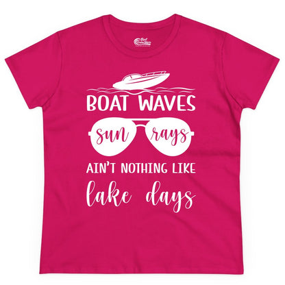 Lake Days Shirt - Fun Lake Life & Boating Summer Vibes Tee (Ladies Tee) in Heliconia - Boat Waves Sun Rays Lake Days Summer Lake Life Shirt