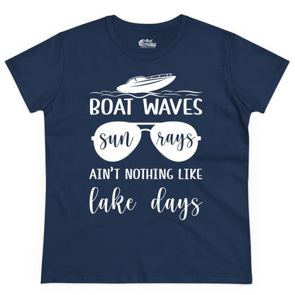 Lake Days Shirt - Fun Lake Life & Boating Summer Vibes Tee (Ladies Tee) in Navy - Boat Waves Sun Rays Lake Days Summer Lake Life Shirt