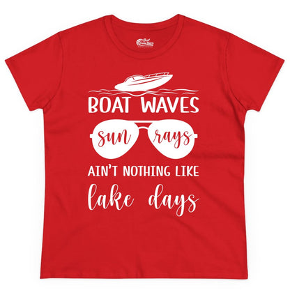 Lake Days Shirt - Fun Lake Life & Boating Summer Vibes Tee (Ladies Tee) in Red - Boat Waves Sun Rays Lake Days Summer Lake Life Shirt